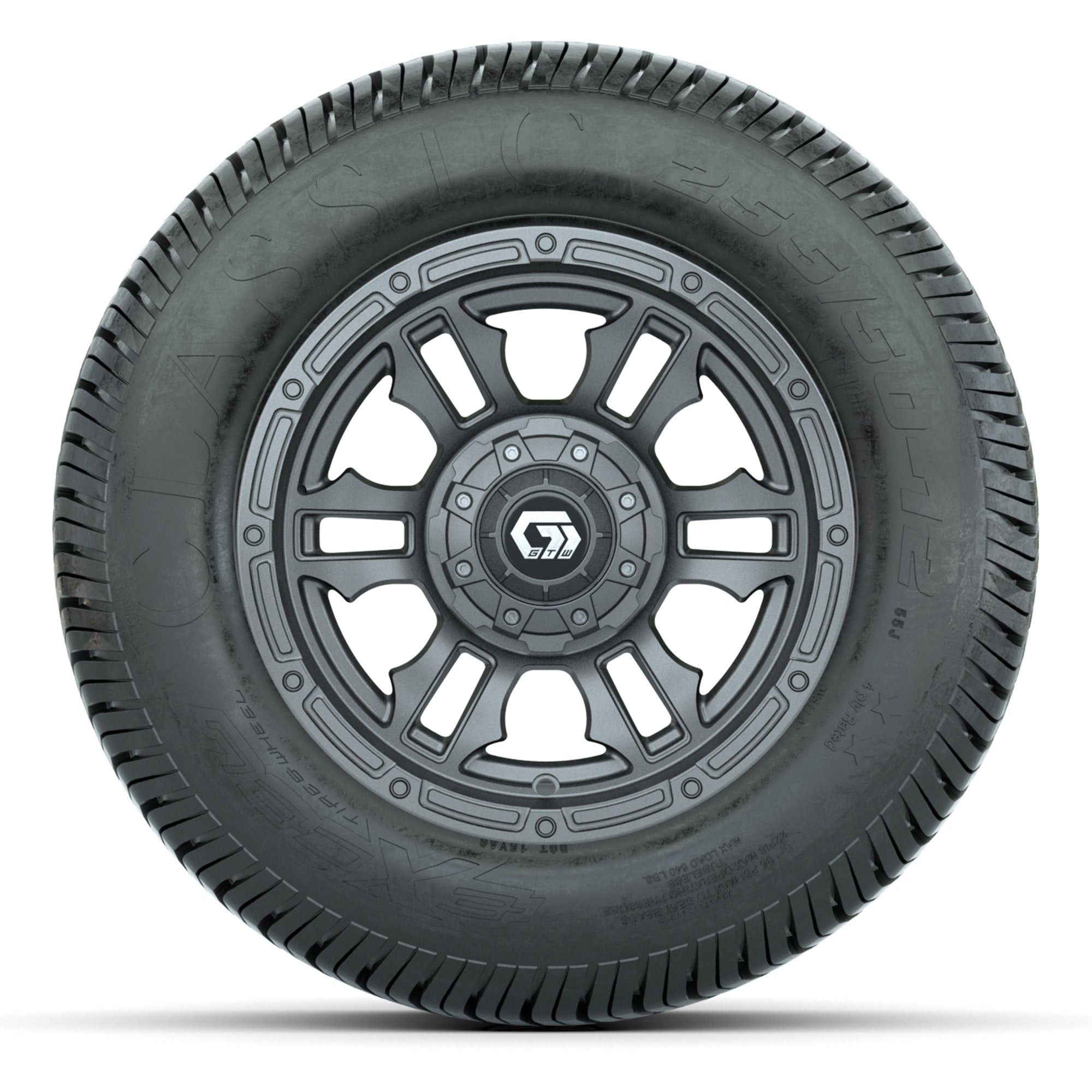 GTW® Shogun Gunmetal 12 in Wheels with 255/50-12 Excel Classic Street Tires – Full Set