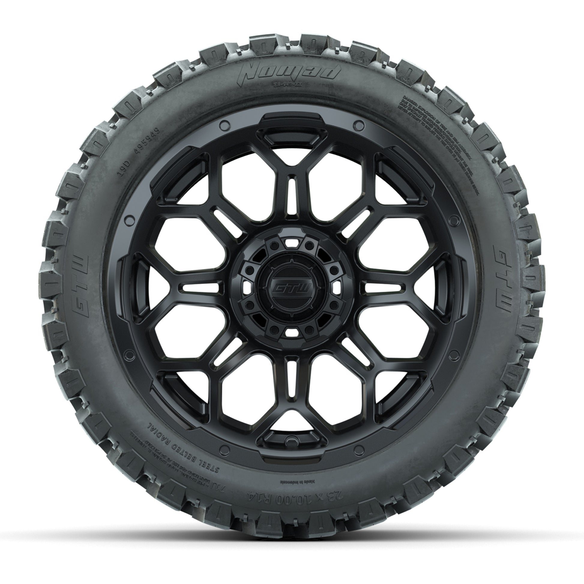 Set of (4) 14 in GTW Bravo Wheels with 23x10-14 GTW Nomad Al - front view