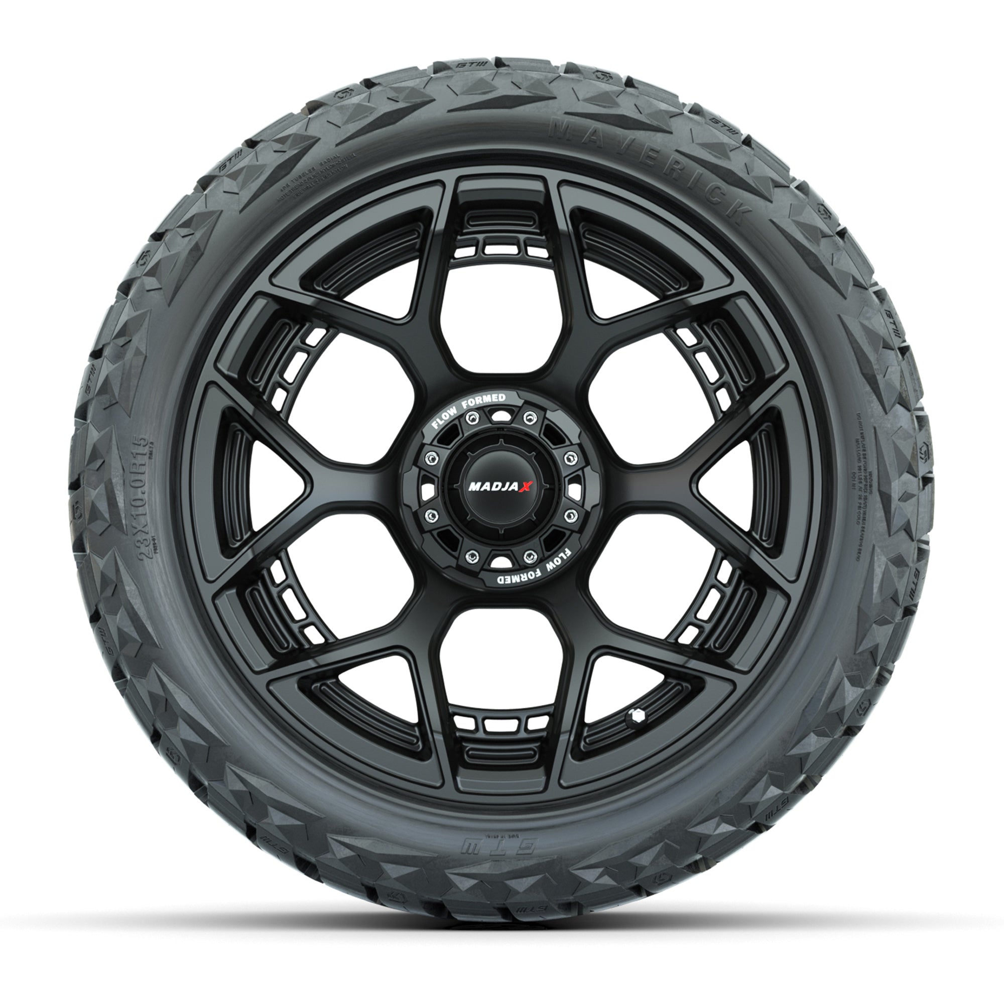 GTW MadJax® Flow Form Evolution Matte Black 15 in Wheels with 23x10.00-R15 Maverick All-Terrain Tires – Full Set