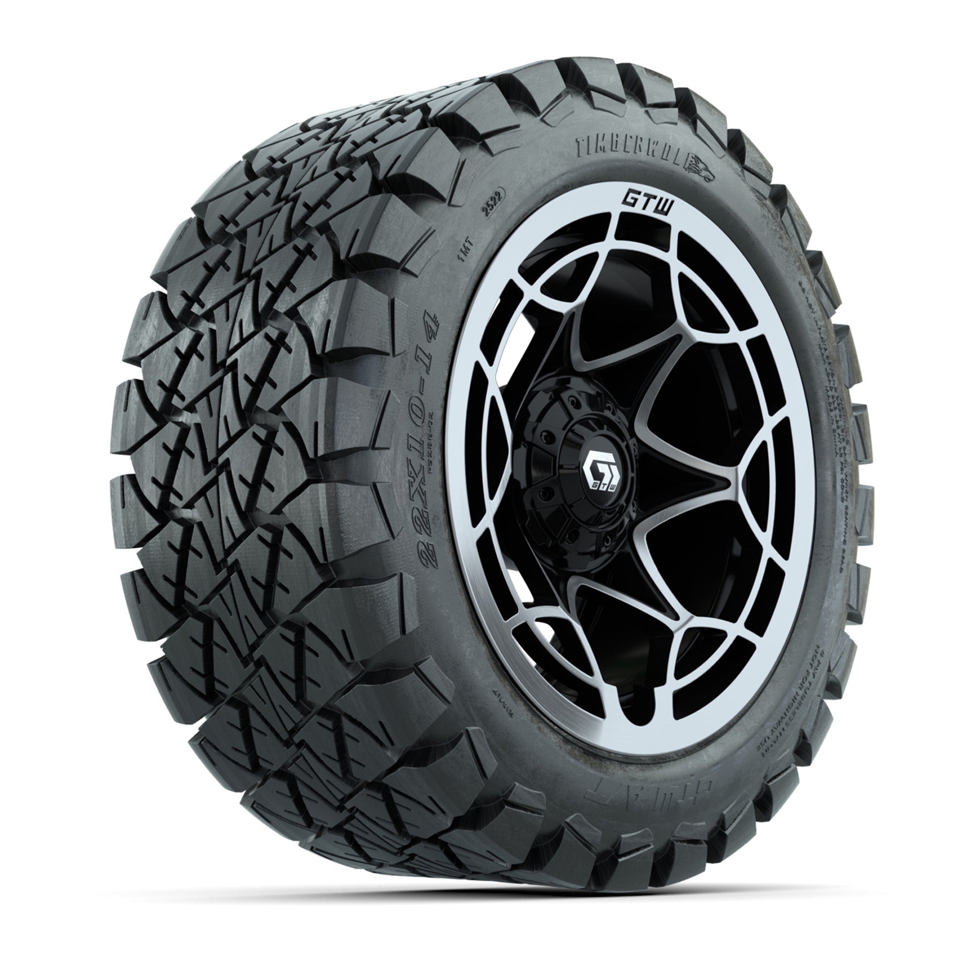 GTW® Nexus Gloss Black/Silver 14 in Wheels with 22x10-14 Timberwolf All-Terrain Tires – Full Set