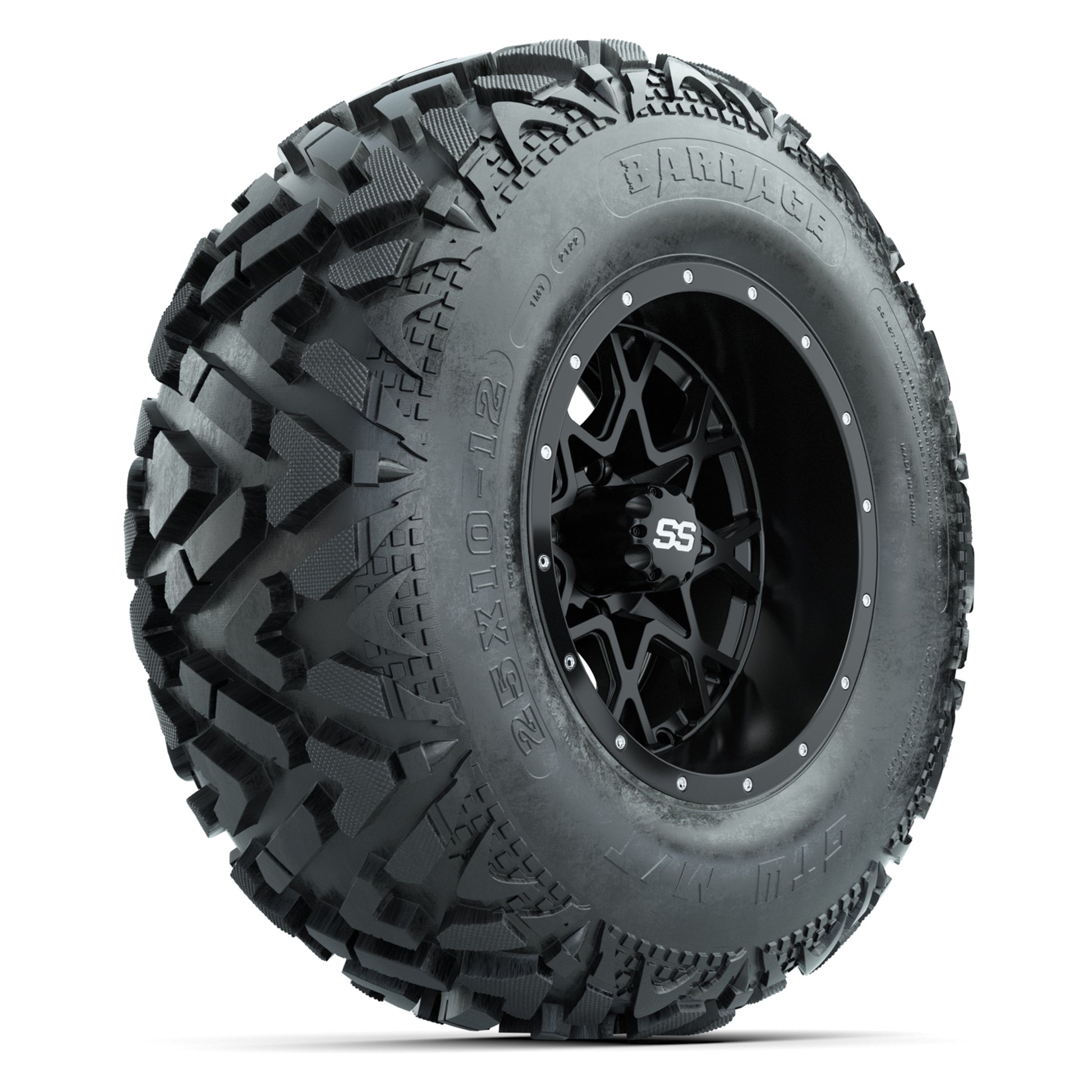 GTW® Vortex 2 Matte Black 12 in Wheels with 25X10-12 Barrage Mud Tires – Full Set
