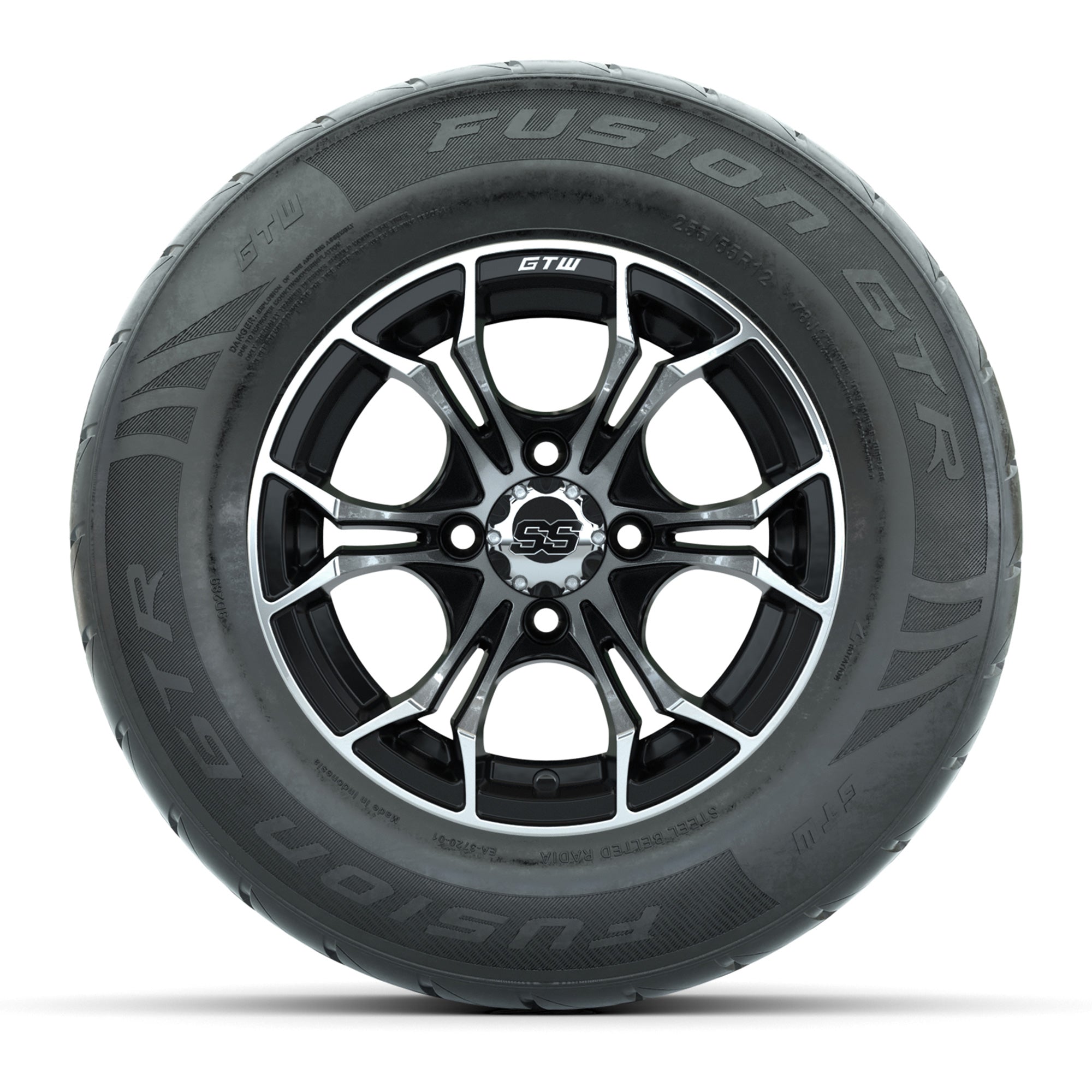 GTW® Spyder Black/Machined 12 in Wheels with 255/55-R12 Fusion GTR Steel Belt Radial Street Tires – Full Set