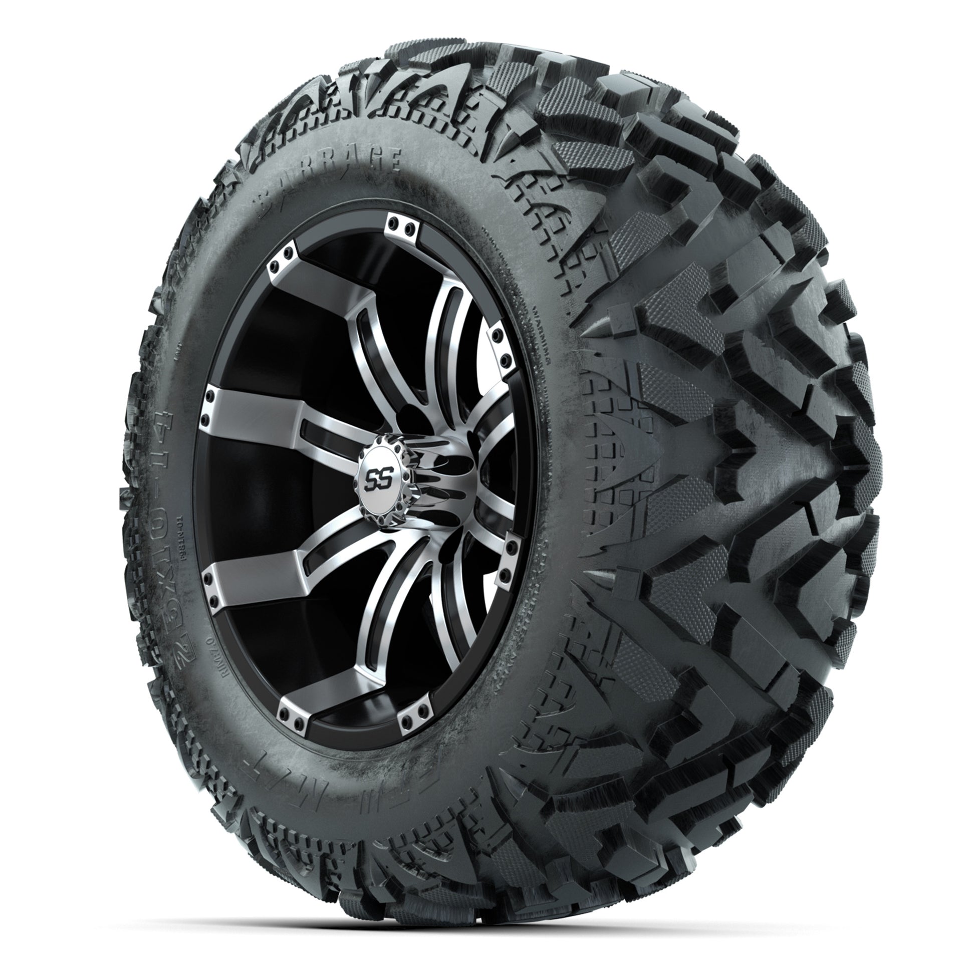 GTW Tempest Black/Machined 14 in Wheels with 25x10-14 Barrag - 3/4 view