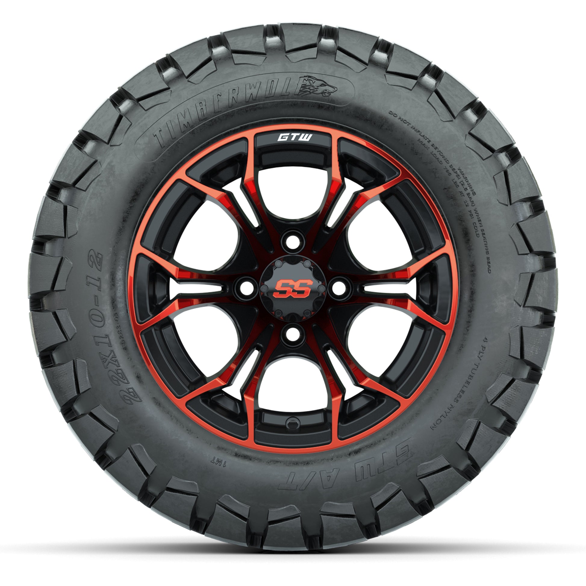 GTW® Spyder Black/Red 12 in Wheels with 22X10-12 Timberwolf All-Terrain Tires – Full Set