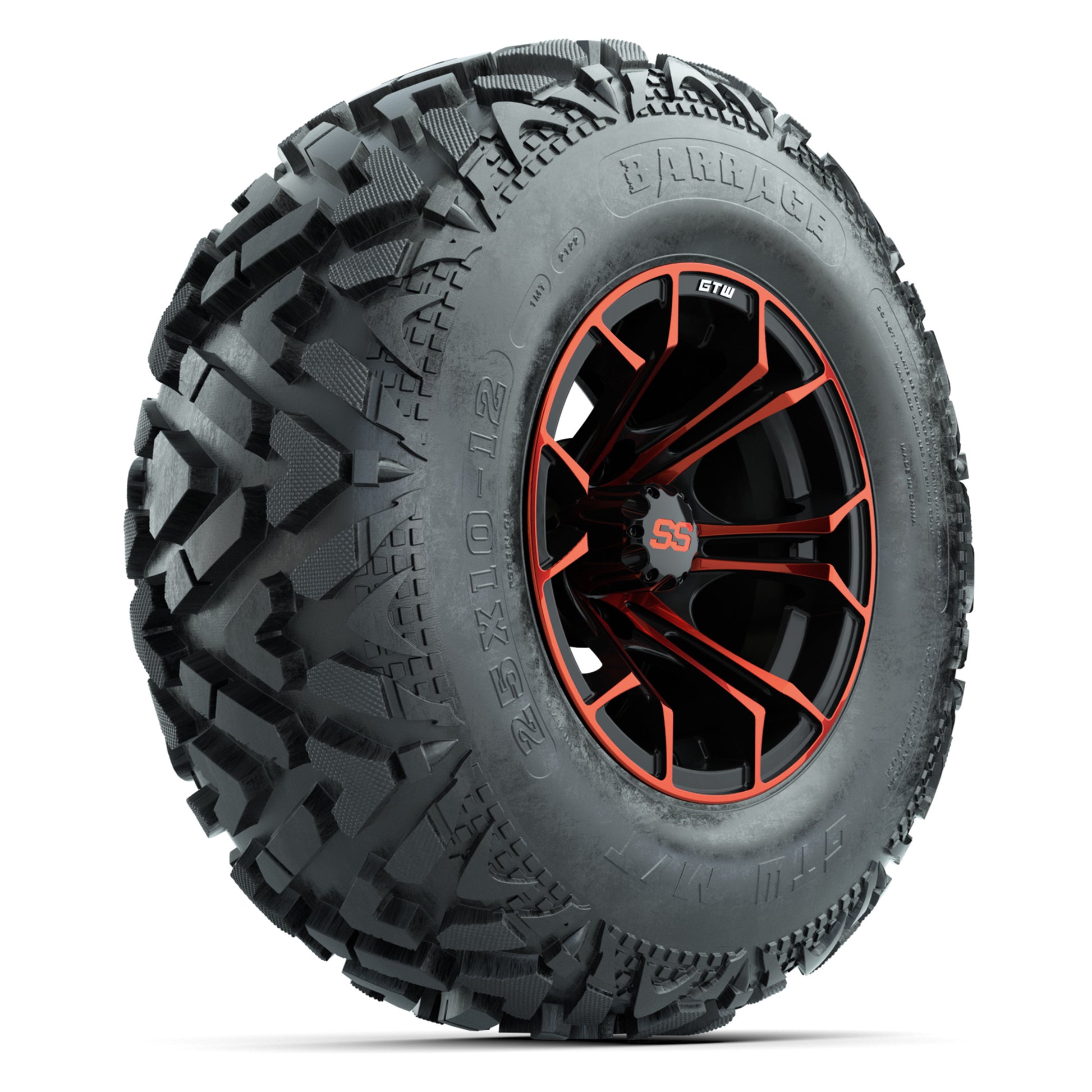 GTW® Spyder Black/Red 12 in Wheels with 25X10-12 Barrage Mud Tires – Full Set