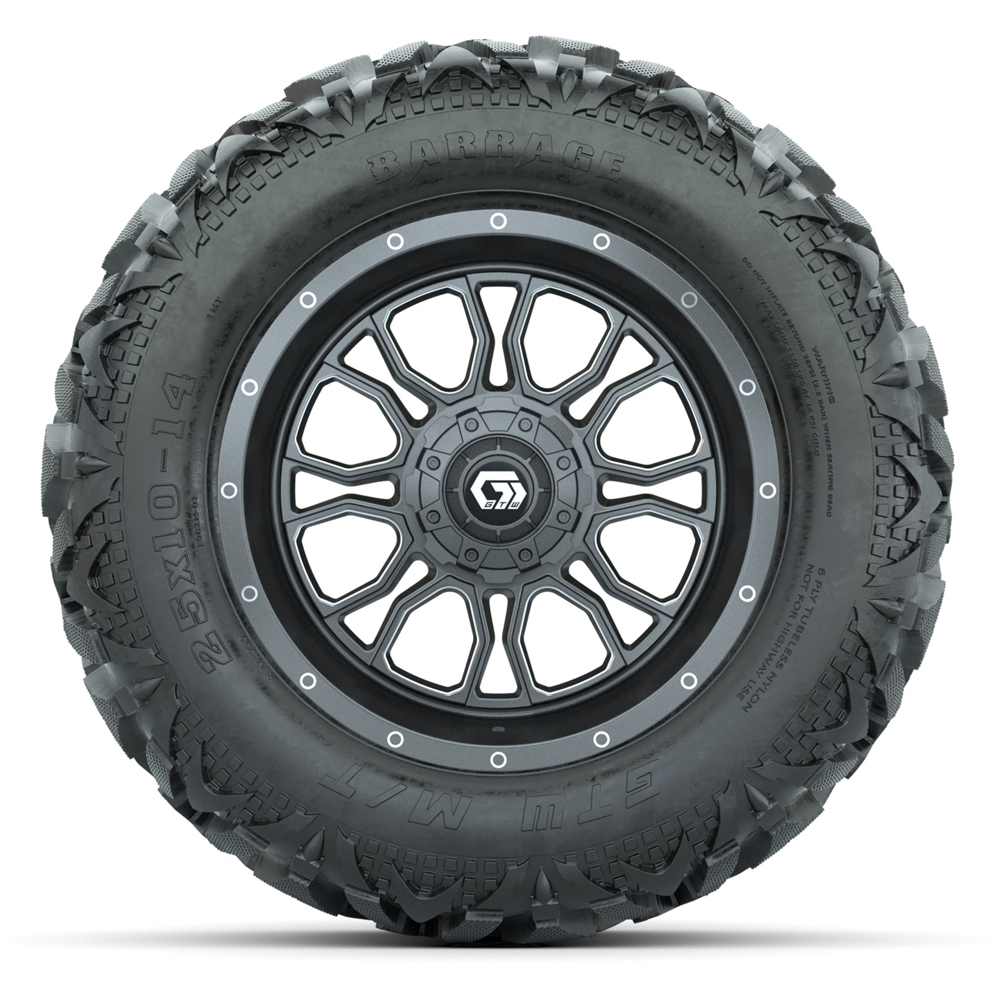 GTW Volt Gunmetal 14 in Wheels with 25x10-14 Barrage Mud Tir - front view