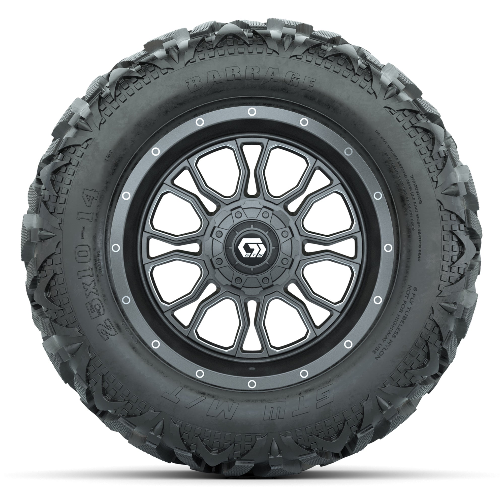 GTW Volt Gunmetal 14 in Wheels with 25x10-14 Barrage Mud Tir - 3/4 view