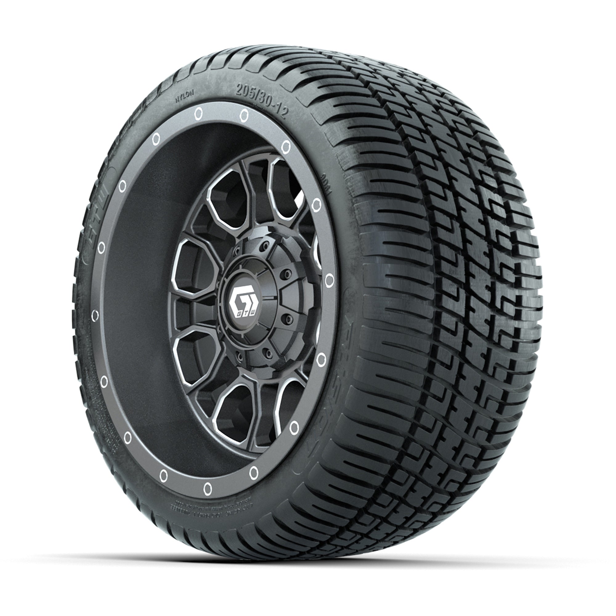 GTW® Volt Gunmetal 12 in Wheels with 205/30-12 Fusion Street Tires – Full Set
