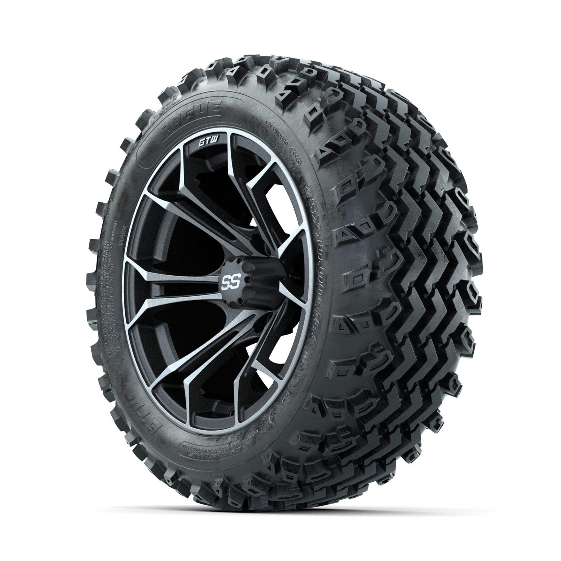 GTW Spyder Machined/Grey 14 in Wheels with 23x10.00-14 Rogue - 3/4 view