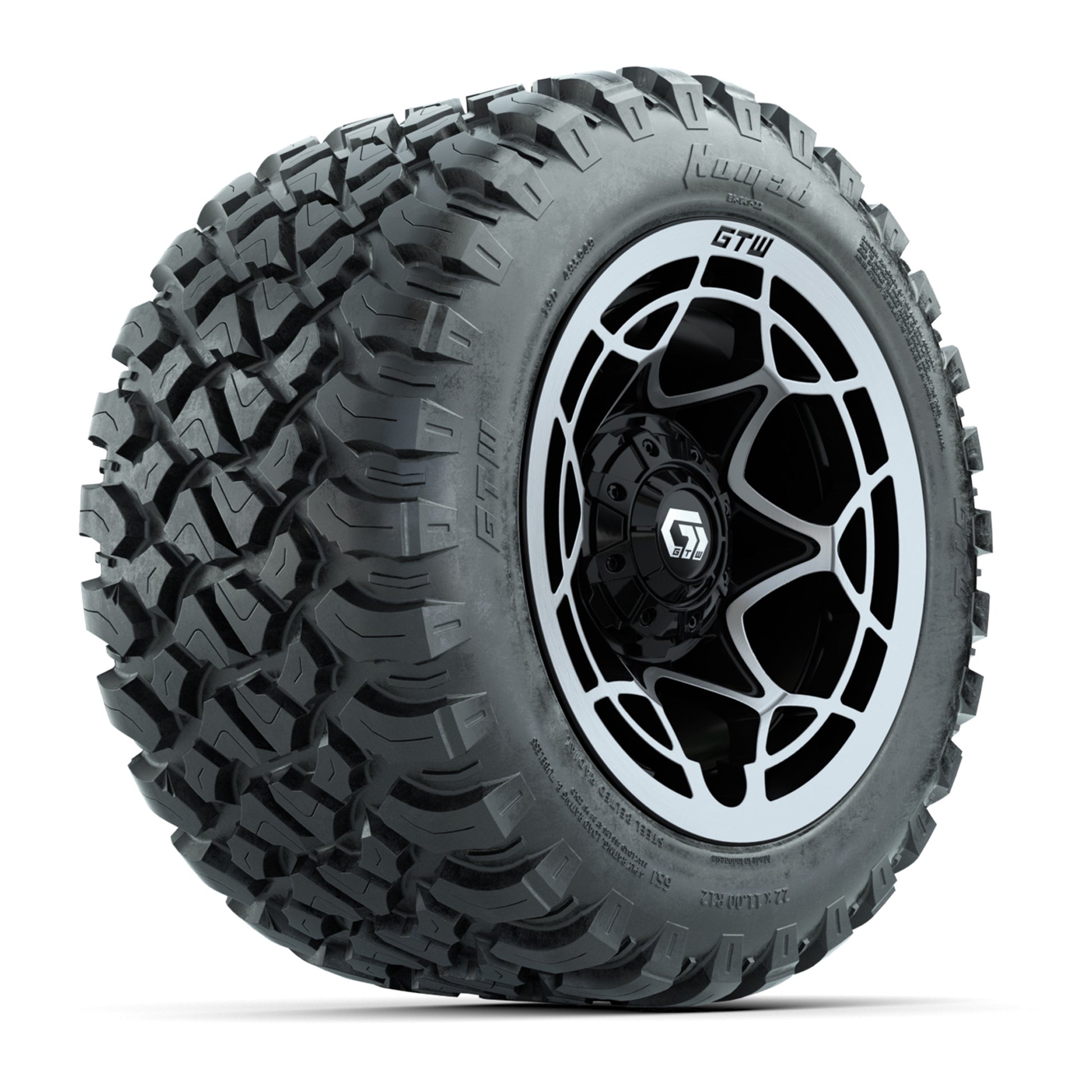 GTW® Nexus Black with Silver Face 12 in Wheels with 22X11-R12 Nomad Steel Belt Radial All-Terrain Tires – Full Set