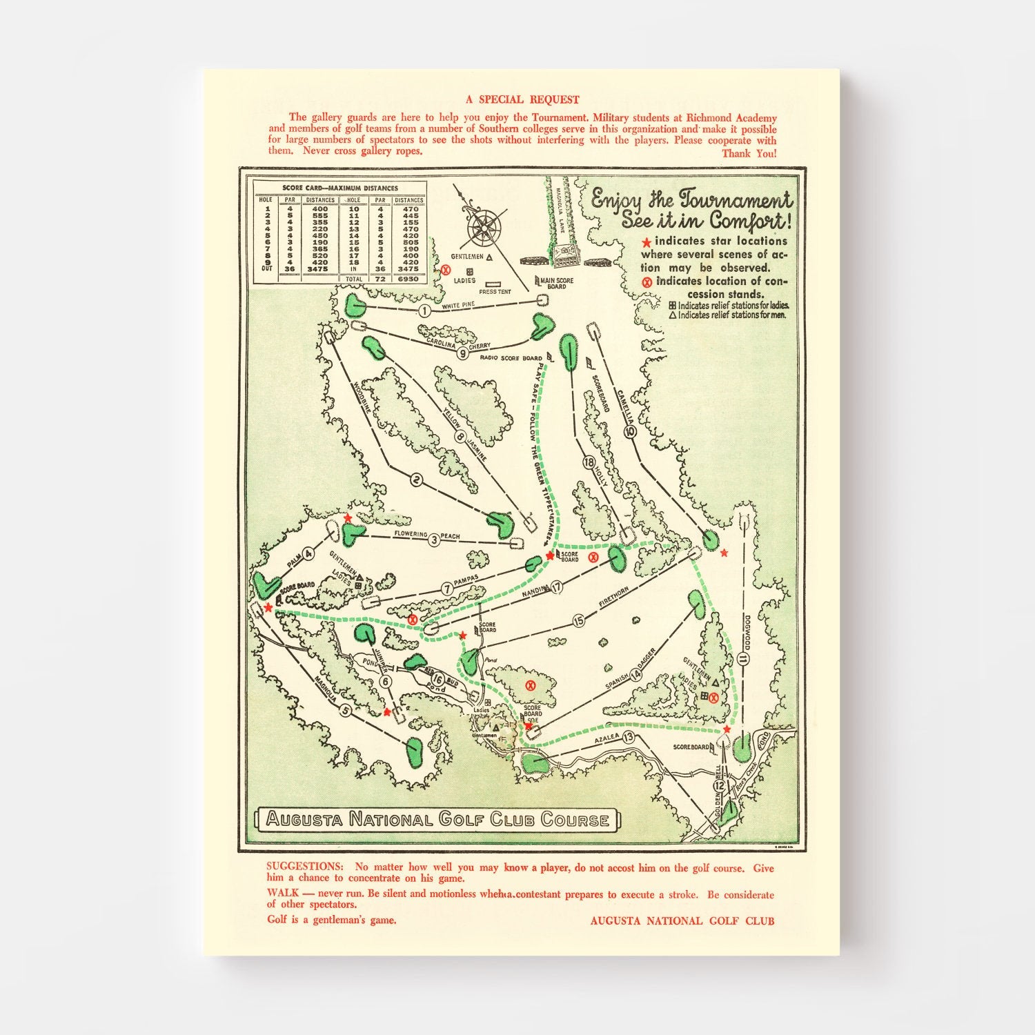Vintage Map of Augusta National Golf Course, 1954