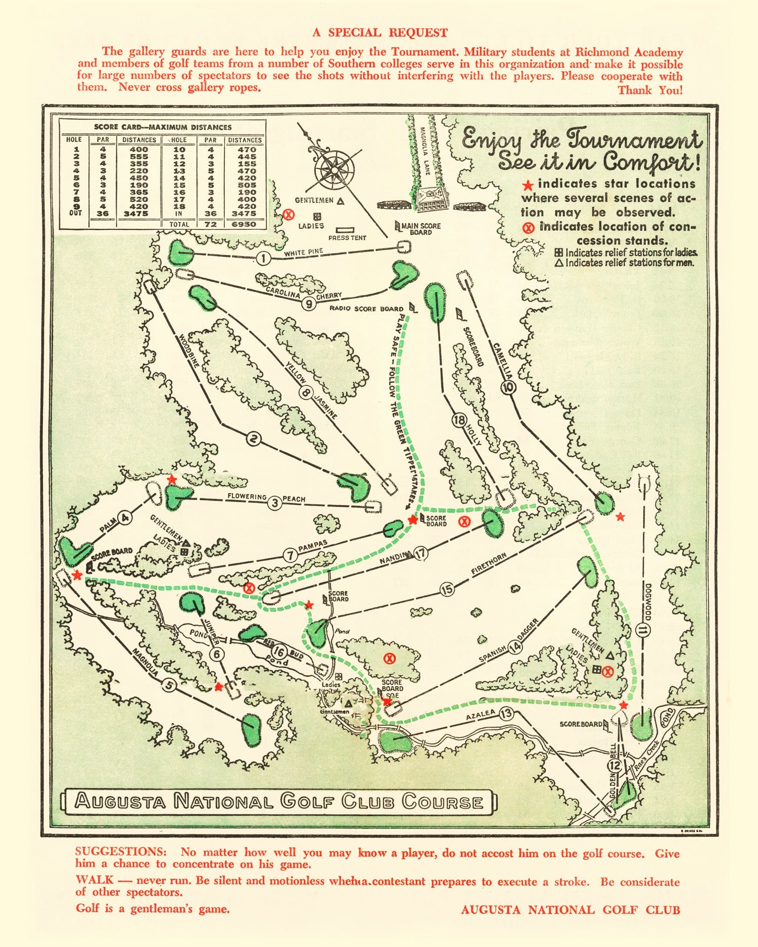 Vintage Map of Augusta National Golf Course, 1954