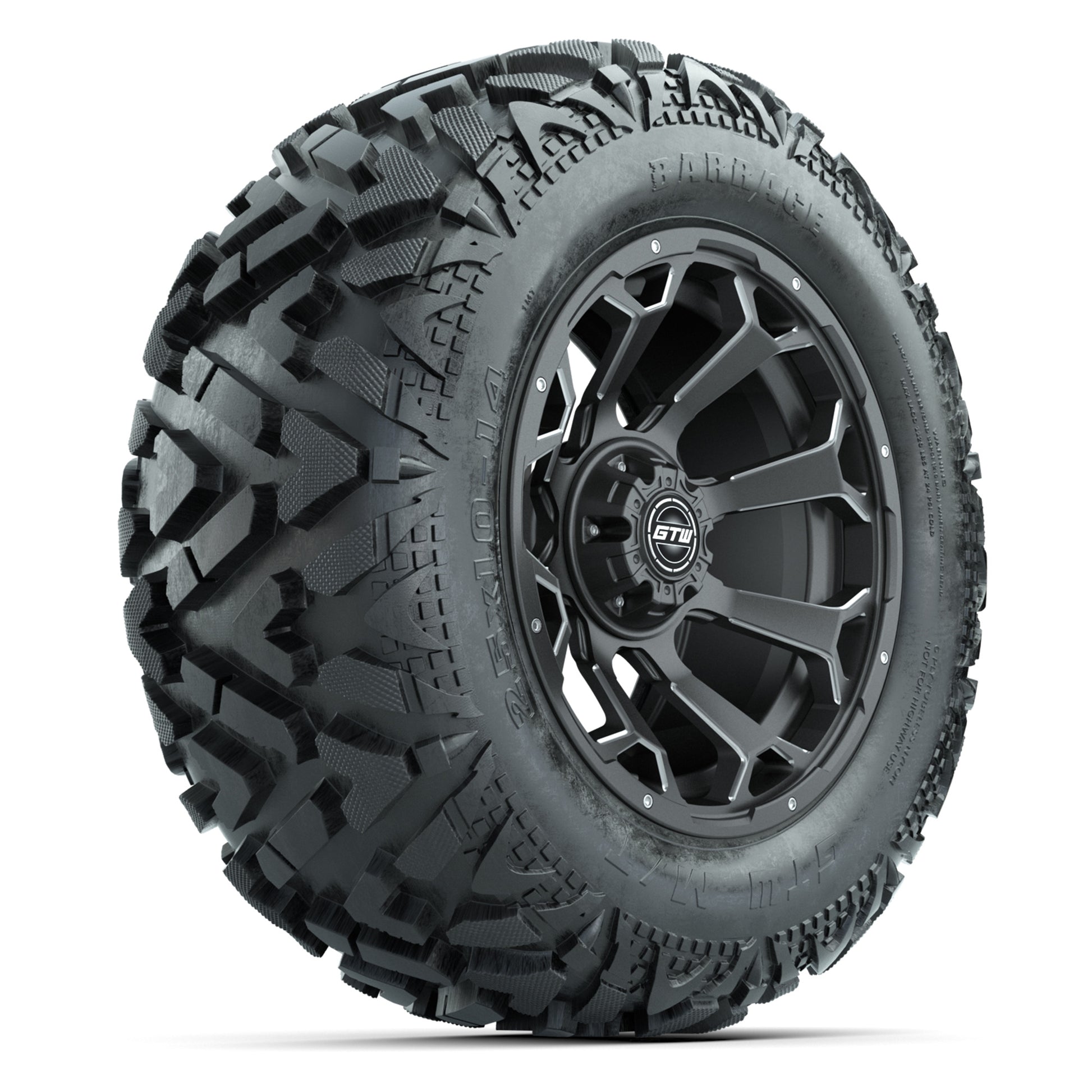GTW Raven Matte Gray/Ball Mill 14 in Wheels with 25x10-14 Barrage Mud Tires – Full Set