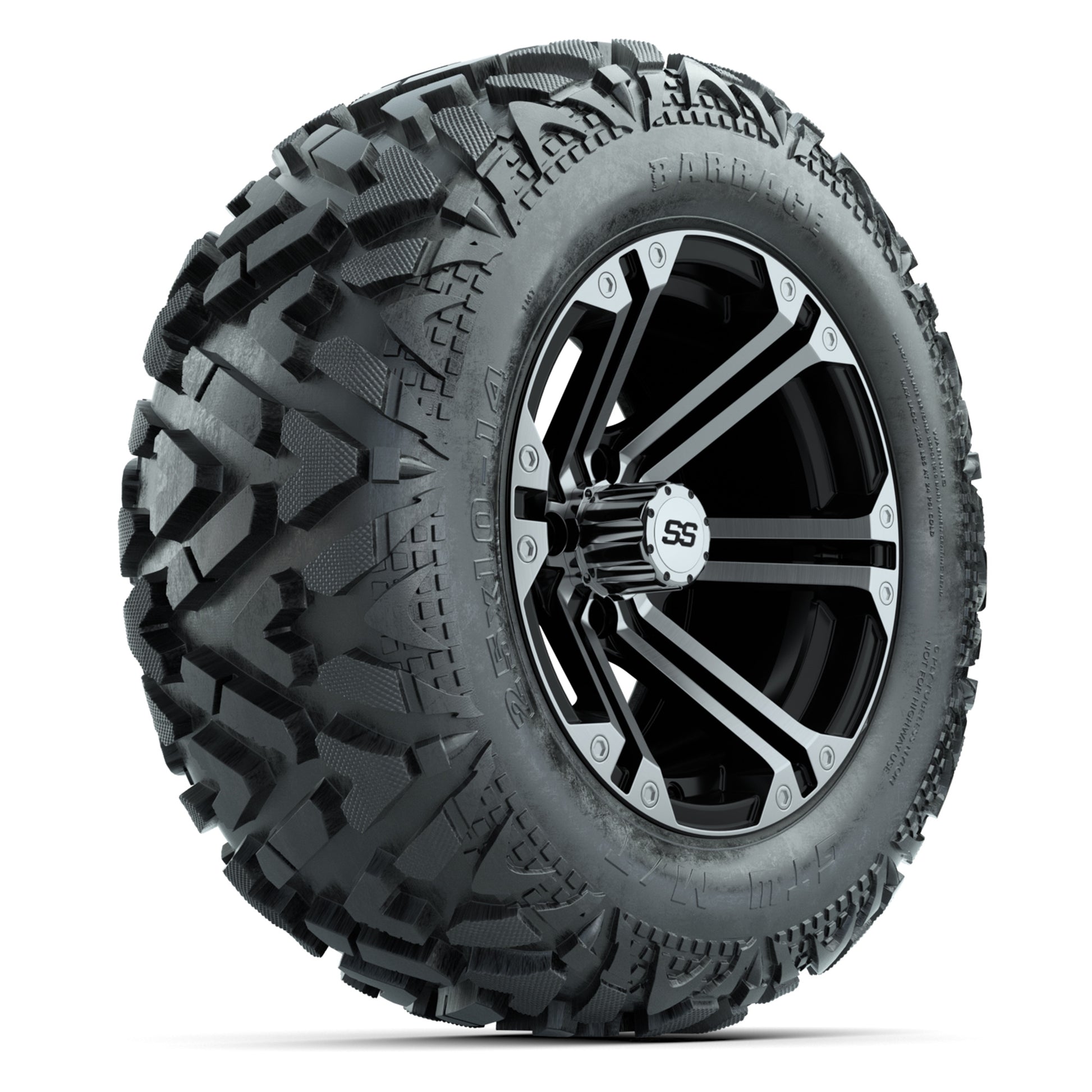 GTW Specter Black/Machined 14 in Wheels with 25x10-14 Barrage Mud Tires – Full Set