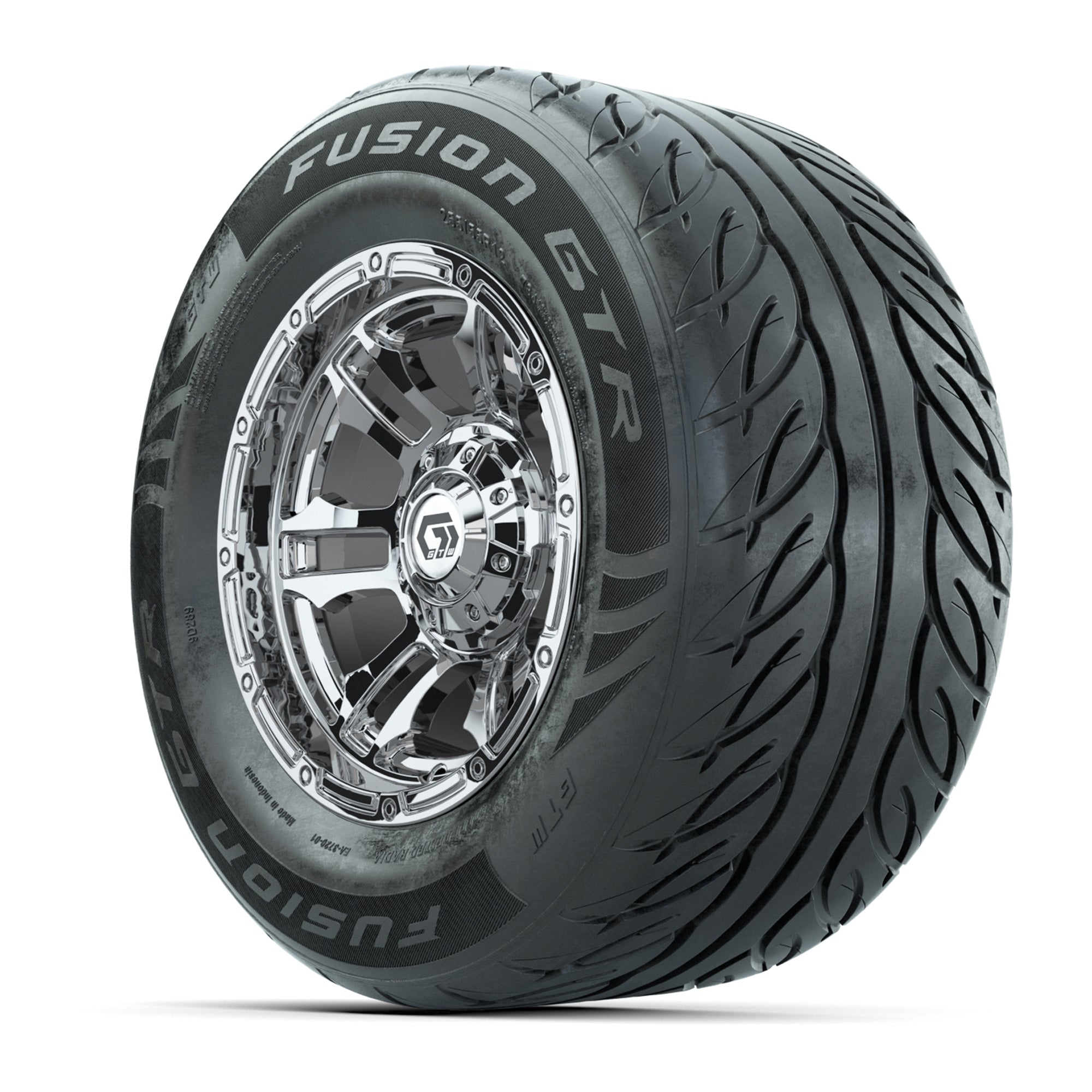 GTW® Shogun Chrome 12 in Wheels with 255/55-R12 Fusion GTR Steel Belt Radial Street Tires – Full Set