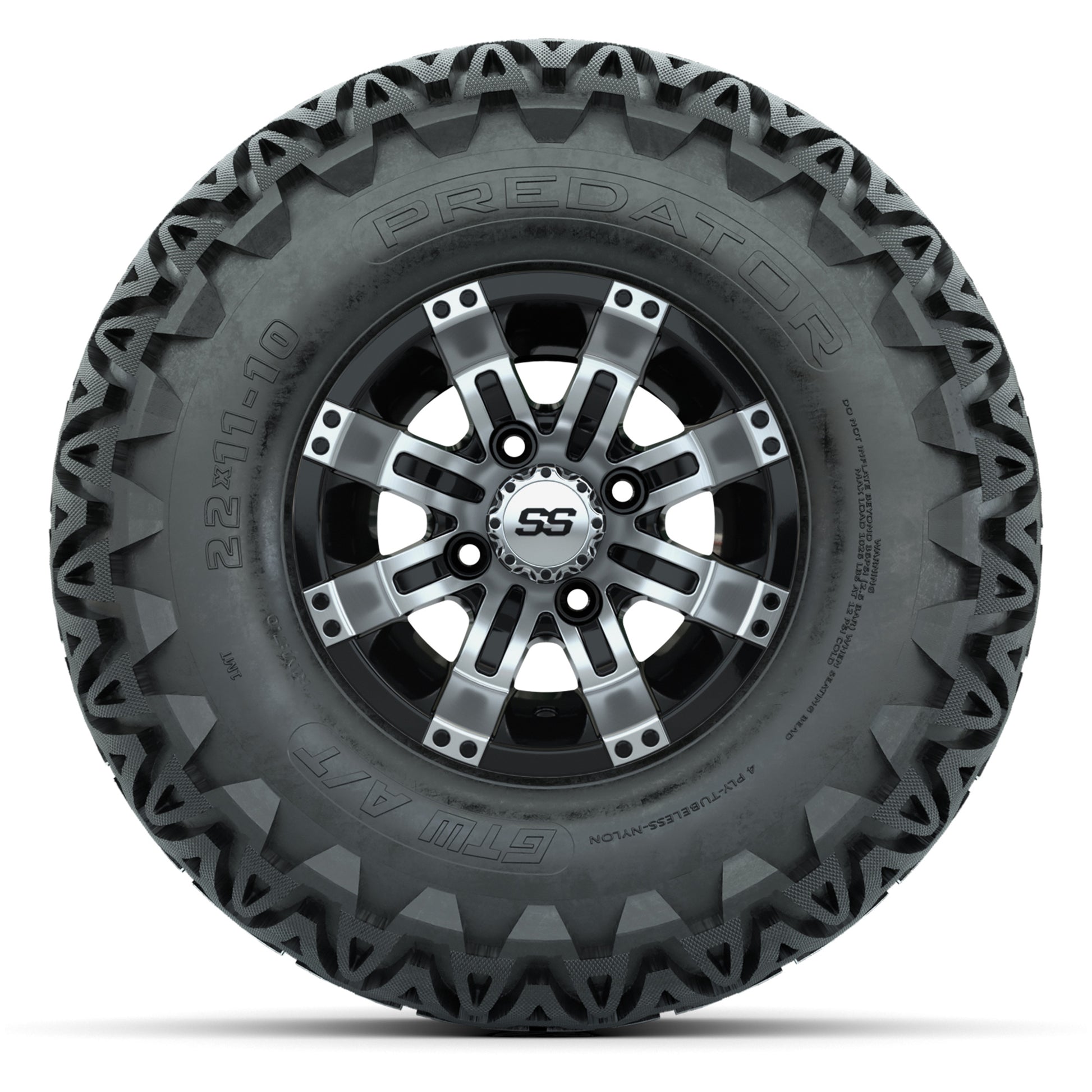GTW Tempest Black/Machined 10 in Wheels with 22x11-10 Predator All-Terrain Tires – Full Set