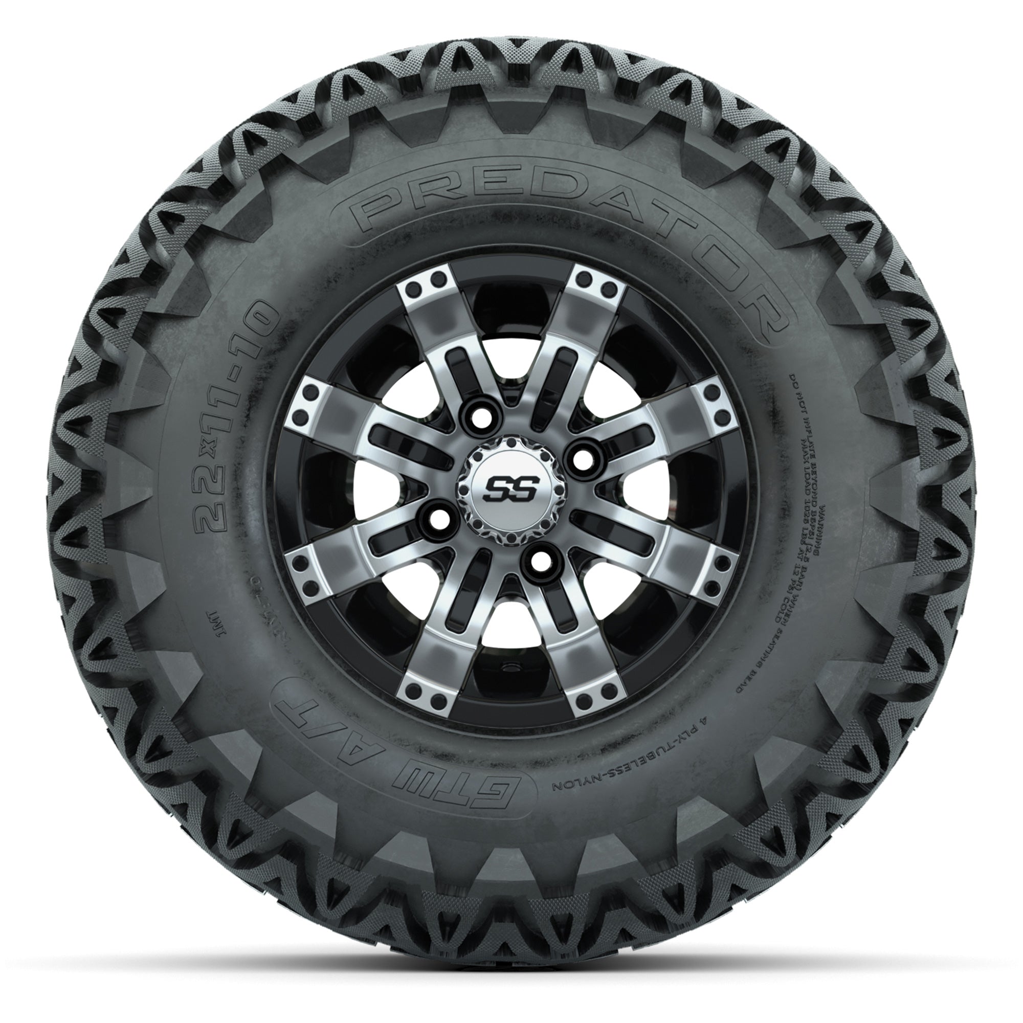 GTW Tempest Black/Machined 10 in Wheels with 22x11-10 Predator All-Terrain Tires – Full Set