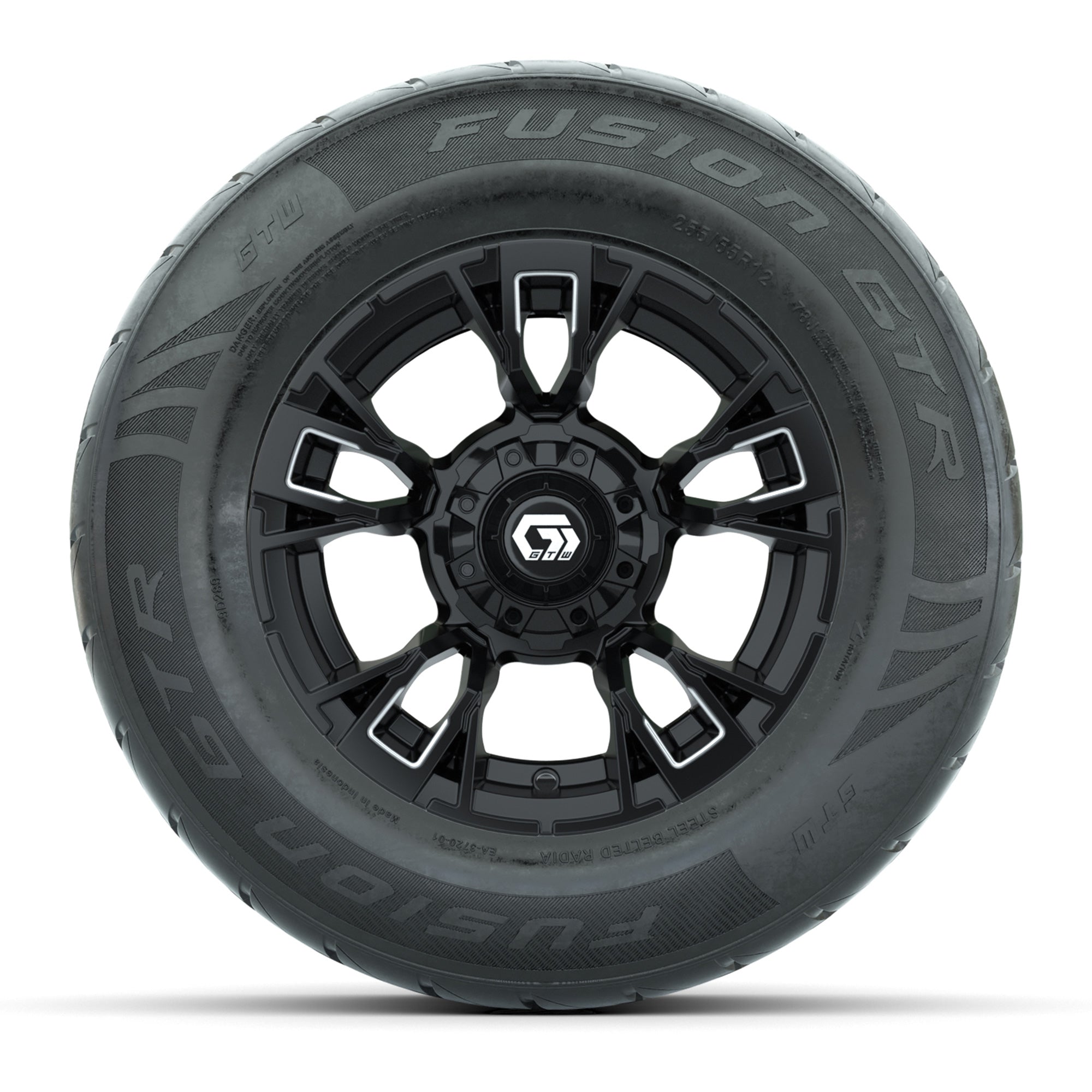 GTW® Vandal Matte Black/Machined 12 in Wheels with 255/55-R12 Fusion GTR Steel Belt Radial Street Tires – Full Set