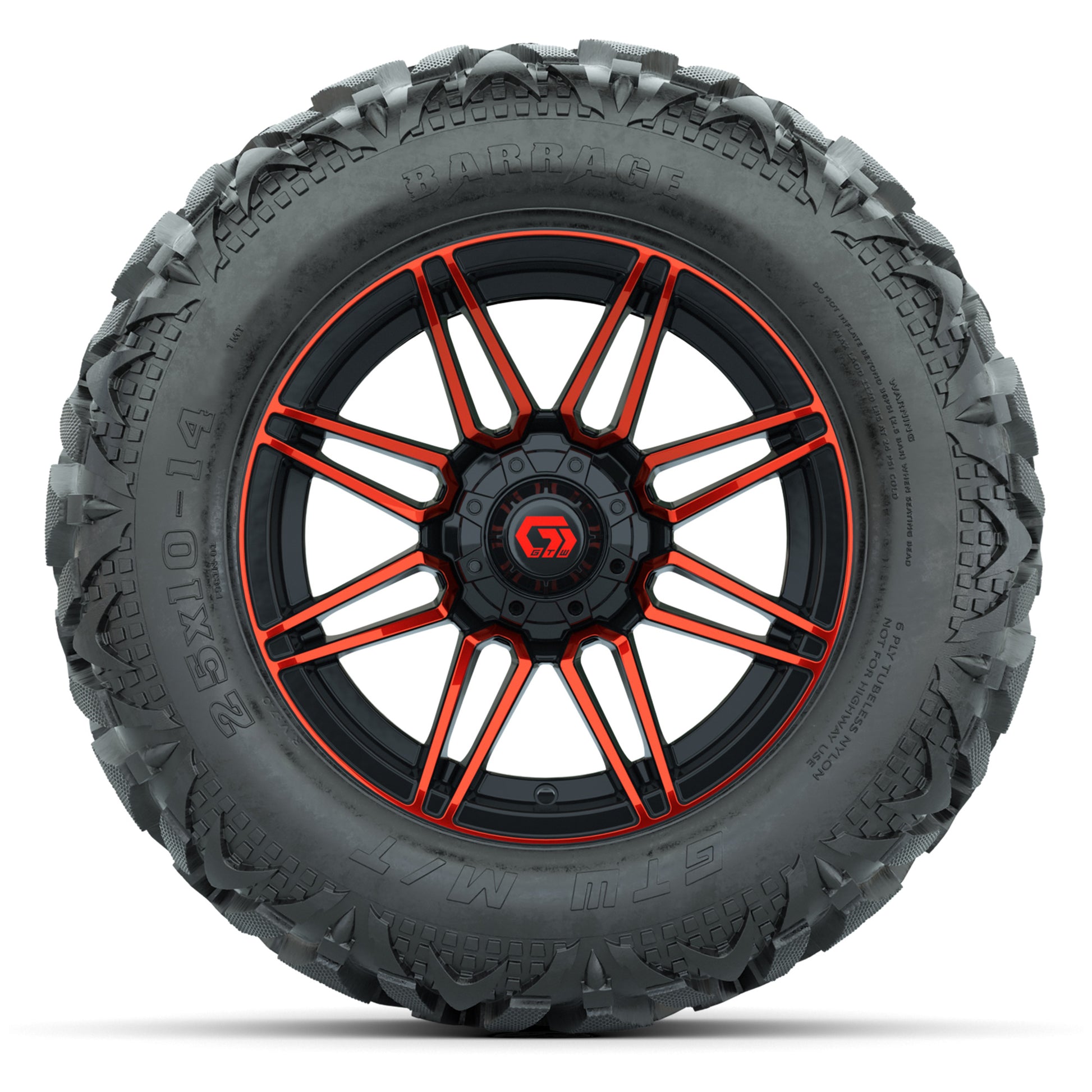GTW Stealth Red/Machined 14 in Wheels with 25x10-14 Barrage  - front view