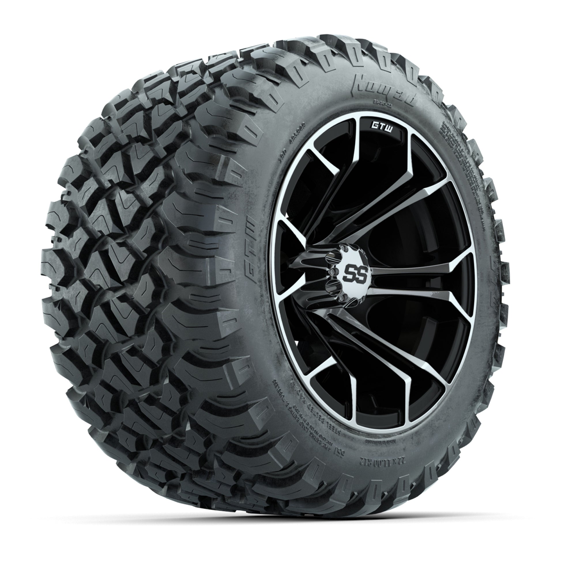 GTW® Spyder Black/Machined 12 in Wheels with 22X11-R12 Nomad Steel Belt Radial All-Terrain Tires – Full Set