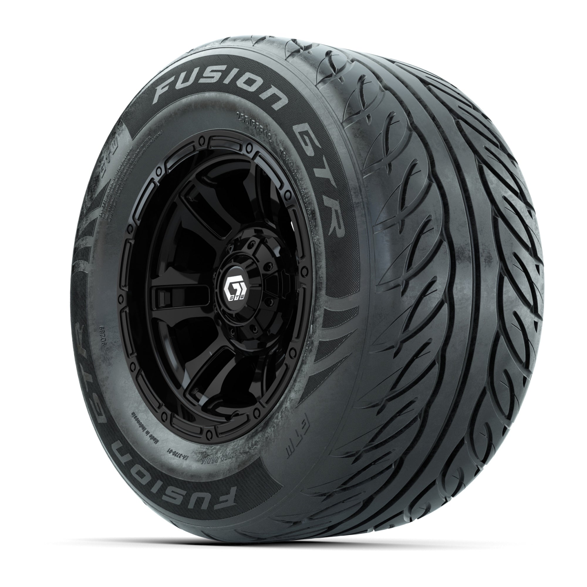 GTW® Shogun Gloss Black 12 in Wheels with 255/55-R12 Fusion GTR Steel Belt Radial Street Tires – Full Set