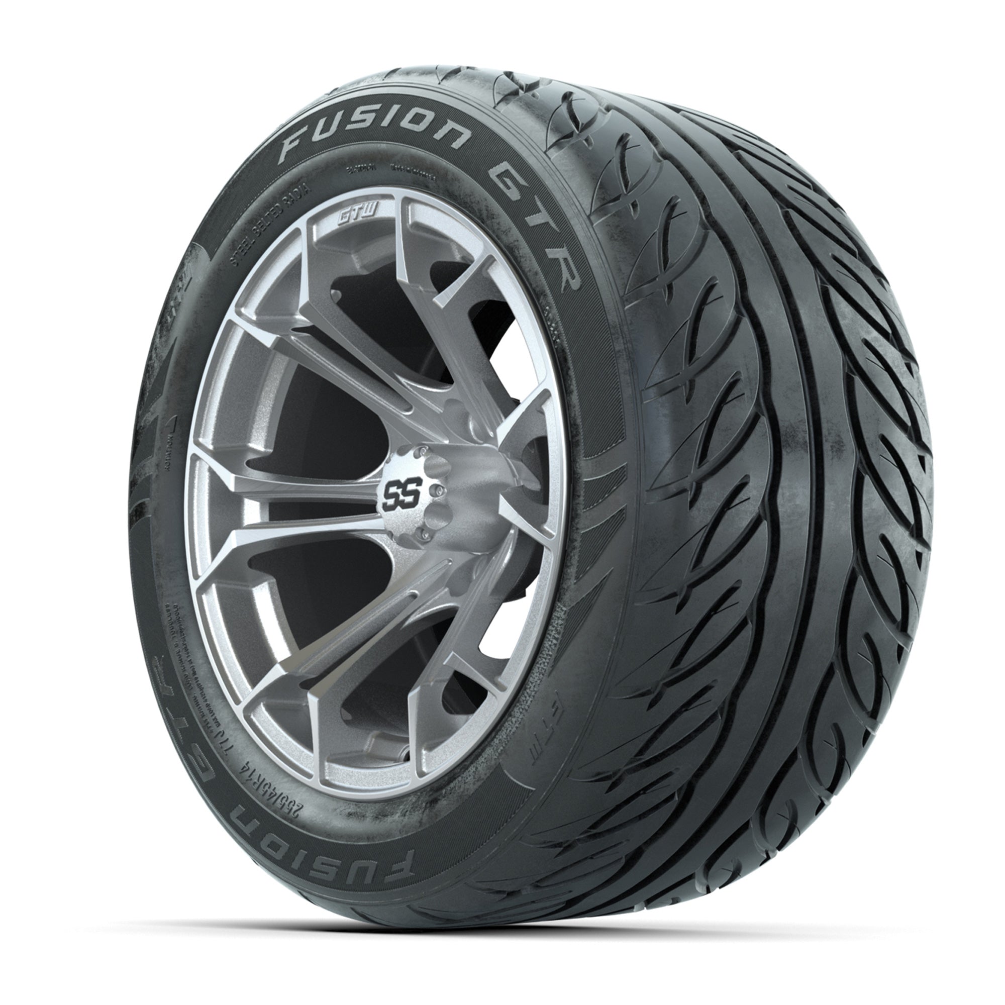 GTW® Spyder Silver Brush 14 in Wheels with 255/45-R14 Fusion - 3/4 view