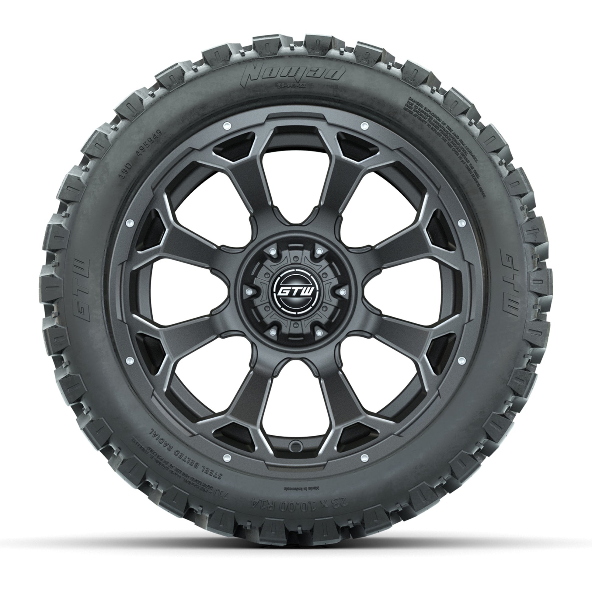 Set of (4) 14 in GTW Raven Wheels with 23x10-14 GTW Nomad Al - front view
