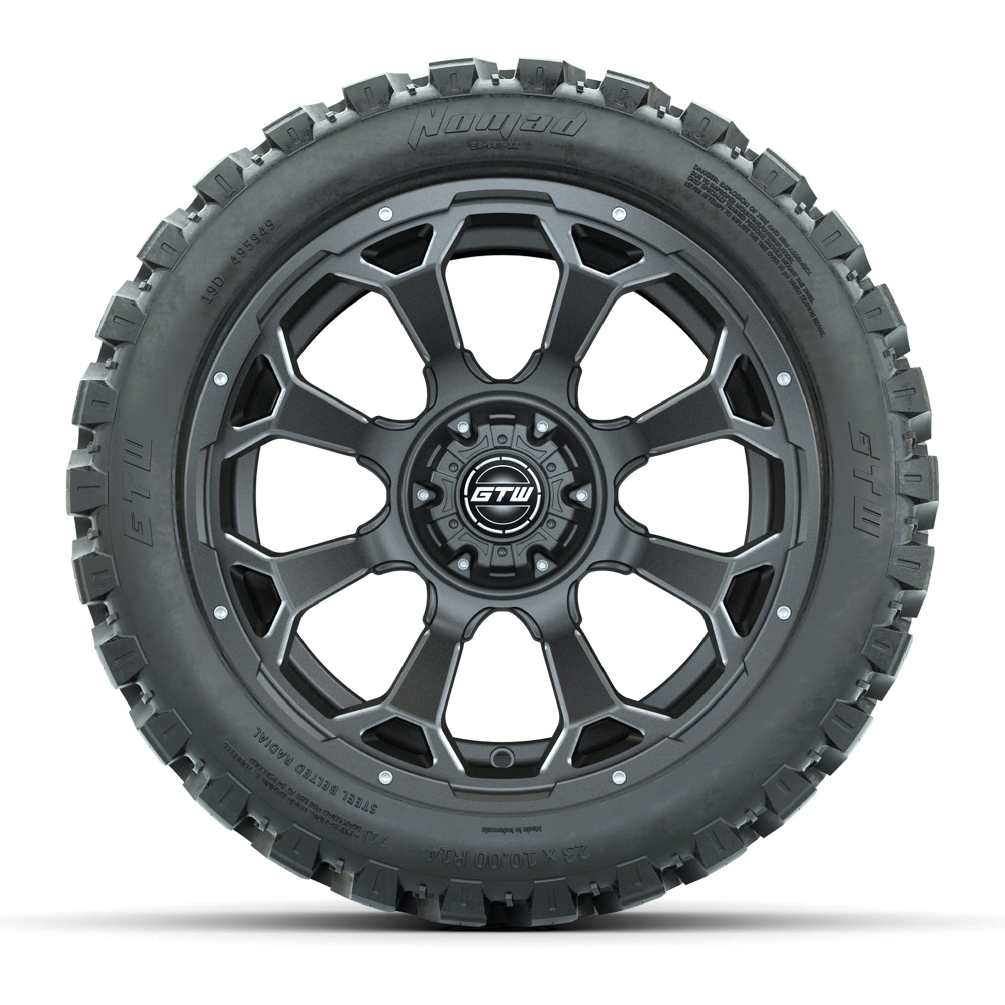Set of (4) 14 in GTW Raven Wheels with 23x10-14 GTW Nomad Al - 3/4 view