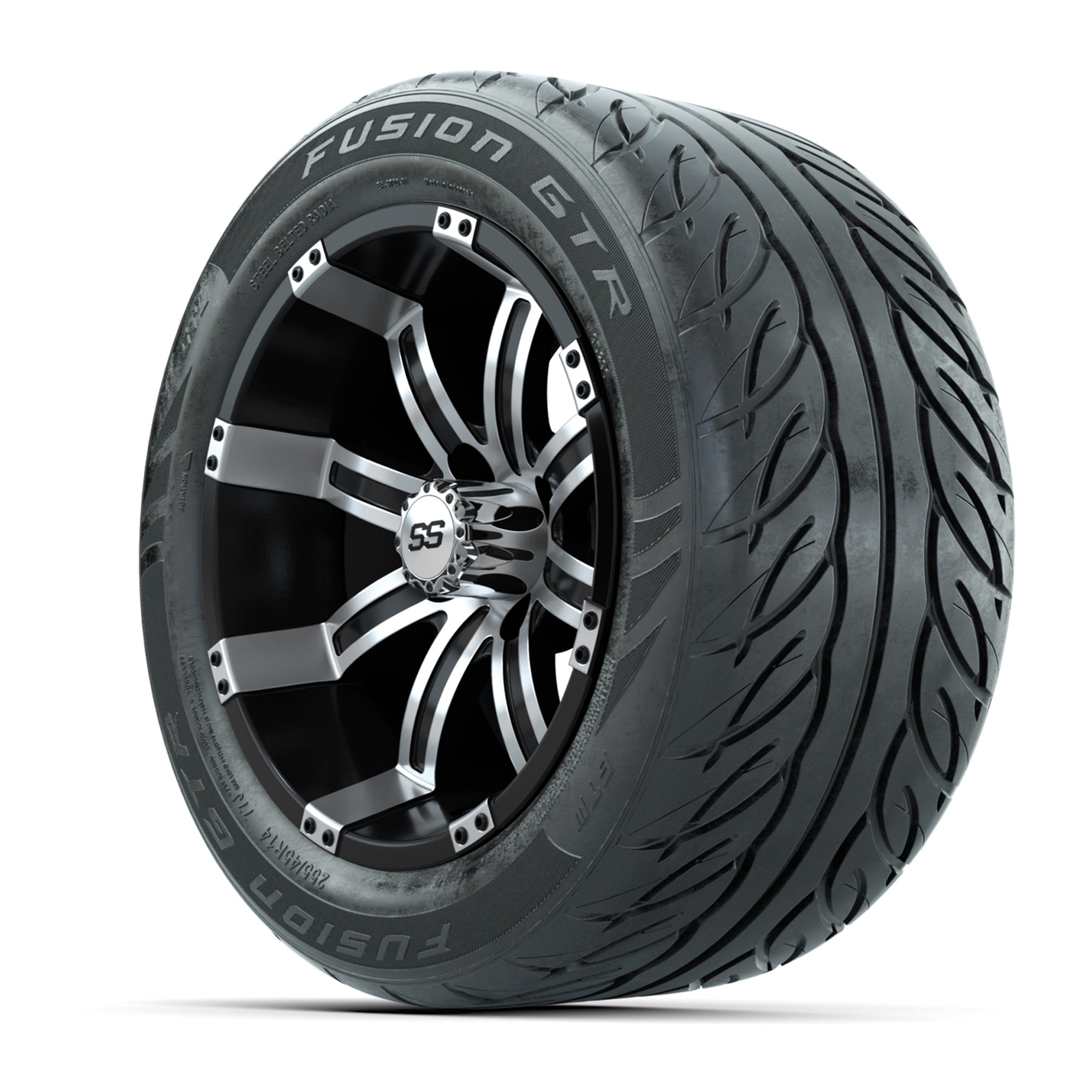 GTW® Tempest Black/Machined 14 in Wheels with 255/45-R14 Fus - 3/4 view