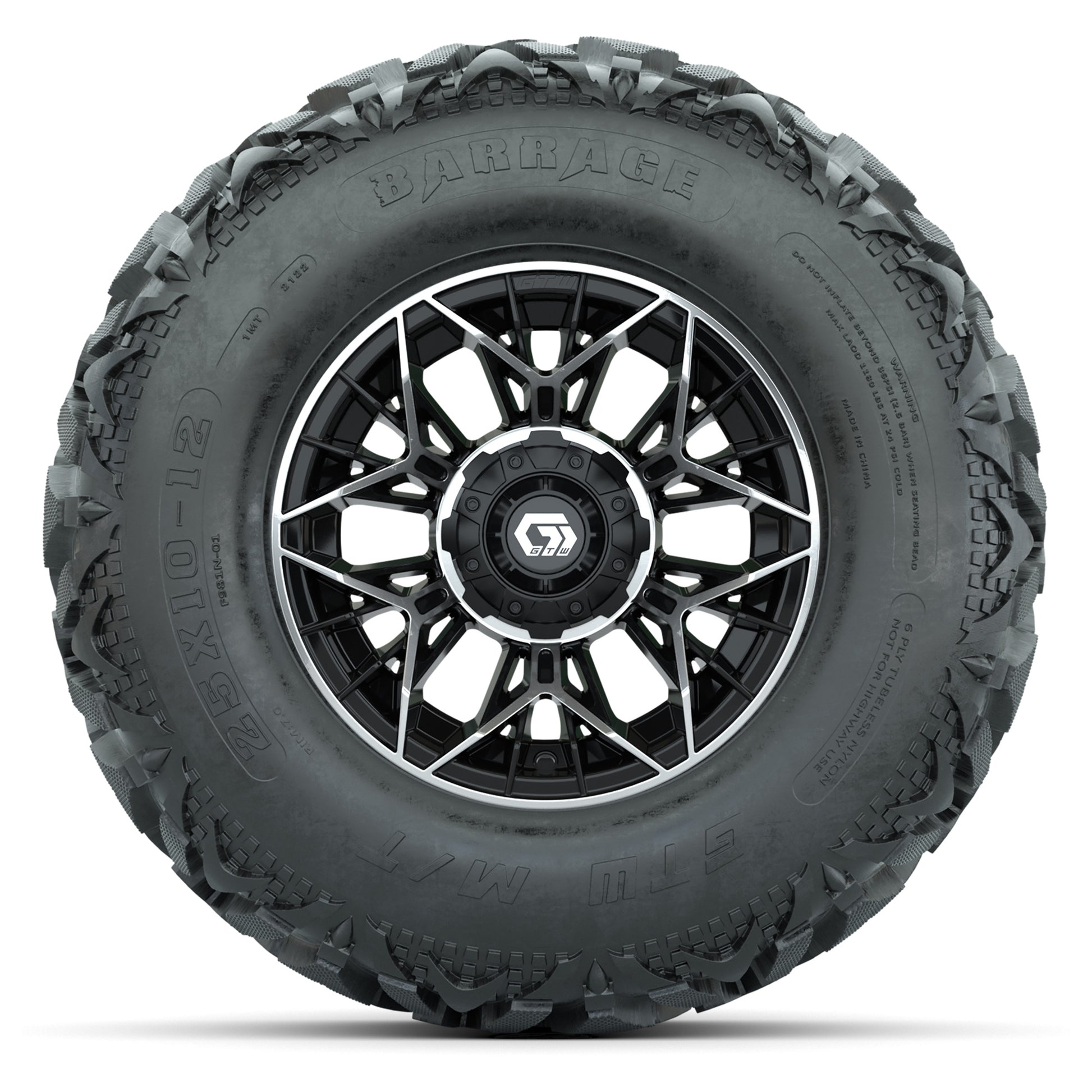 GTW® Stellar Black/Machined 12 in Wheels with 25X10-12 Barrage Mud Tires – Full Set