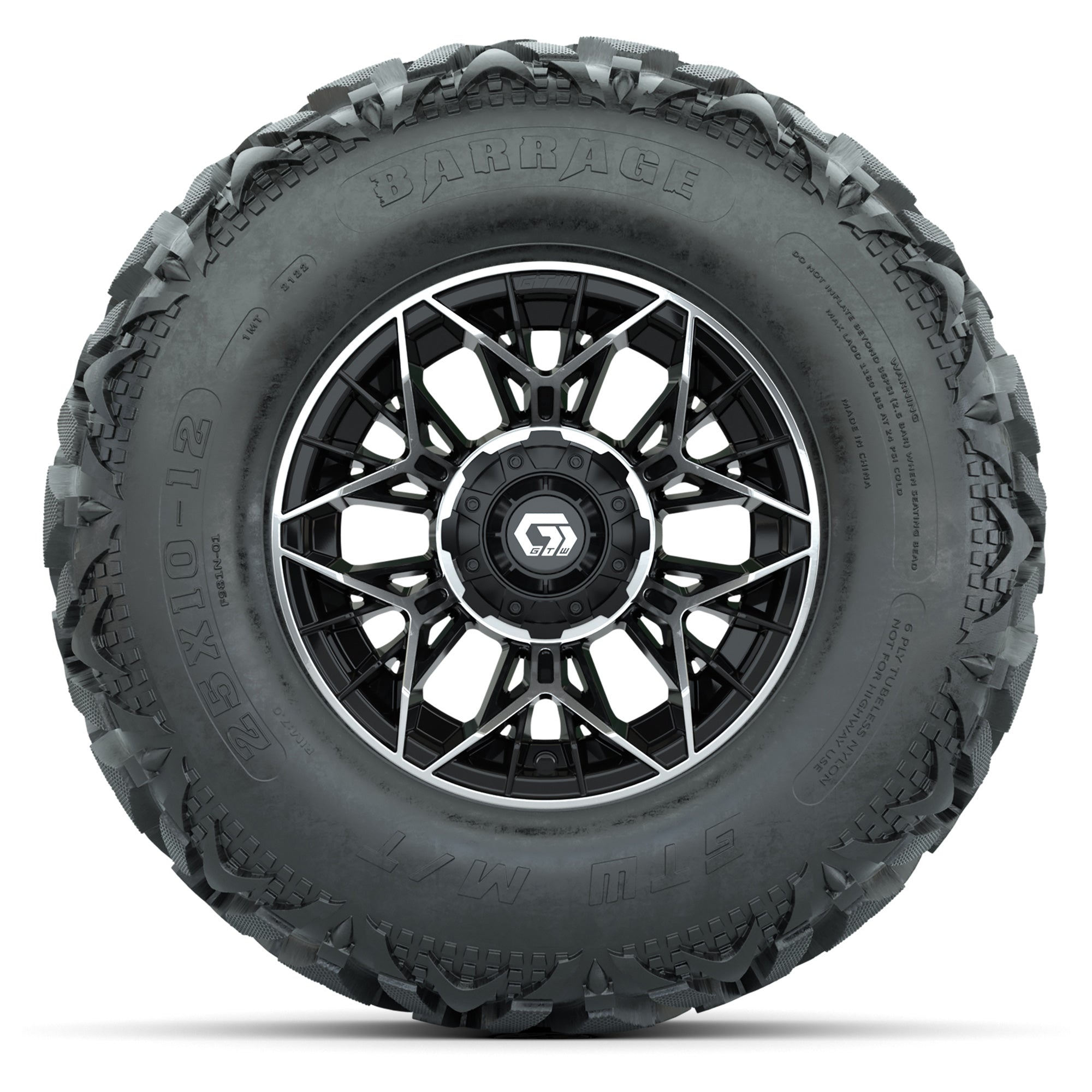 GTW® Stellar Black/Machined 12 in Wheels with 25X10-12 Barrage Mud Tires – Full Set