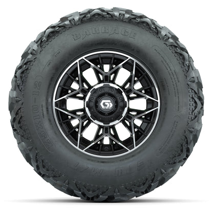 GTW® Stellar Black/Machined 12 in Wheels with 25X10-12 Barrage Mud Tires – Full Set