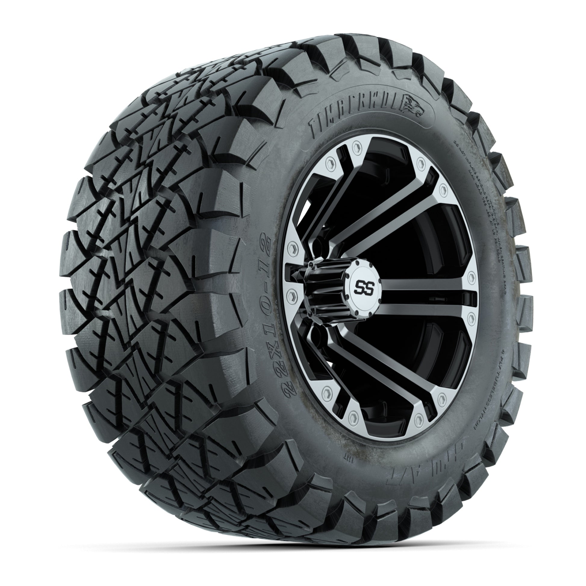 12 inch Specter Black/Machined Lifted Golf Cart Wheels on 22 inch Trail Tires-Set of 4