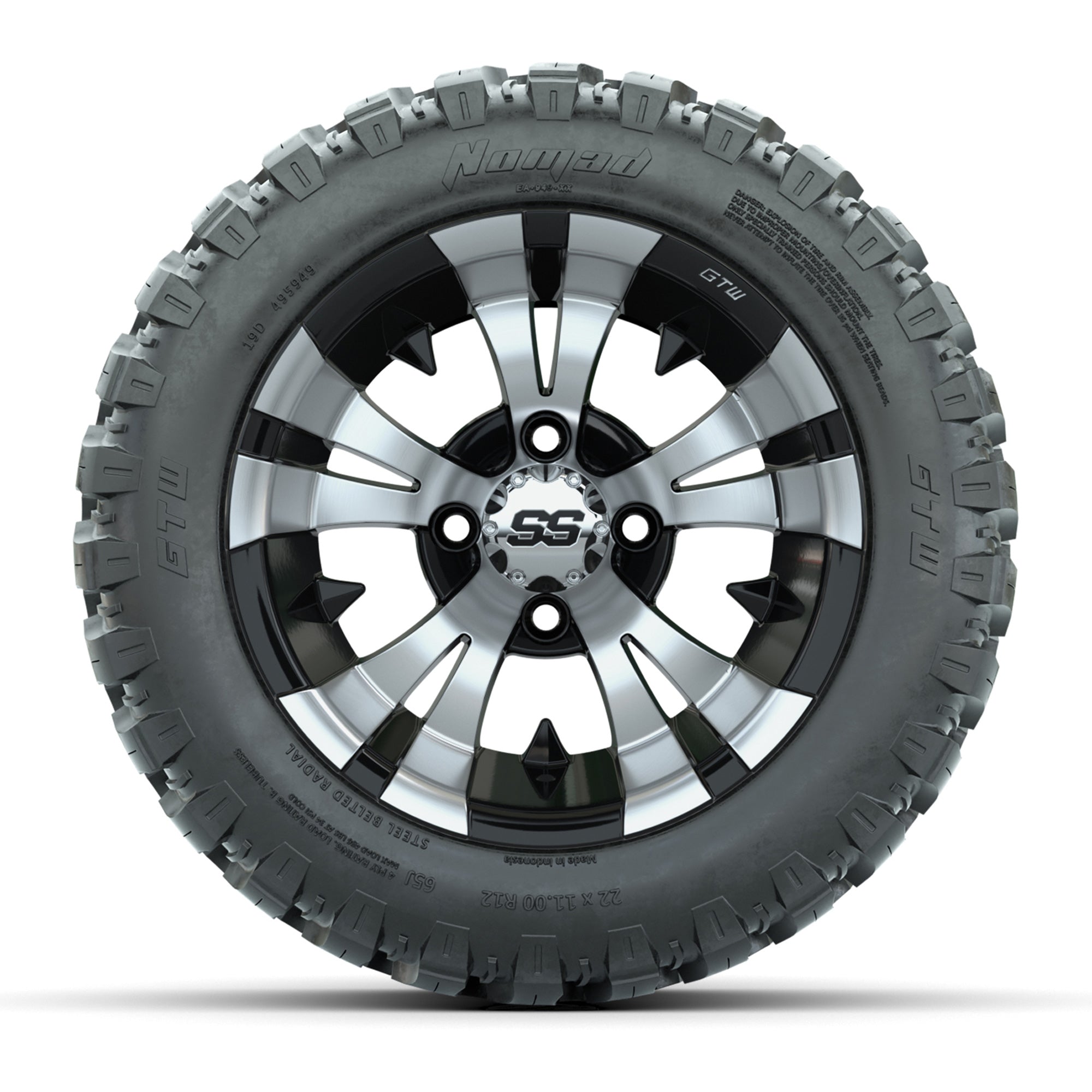 GTW® Vampire Black/Machined 12 in Wheels with 22X11-R12 Nomad Steel Belt Radial All-Terrain Tires – Full Set