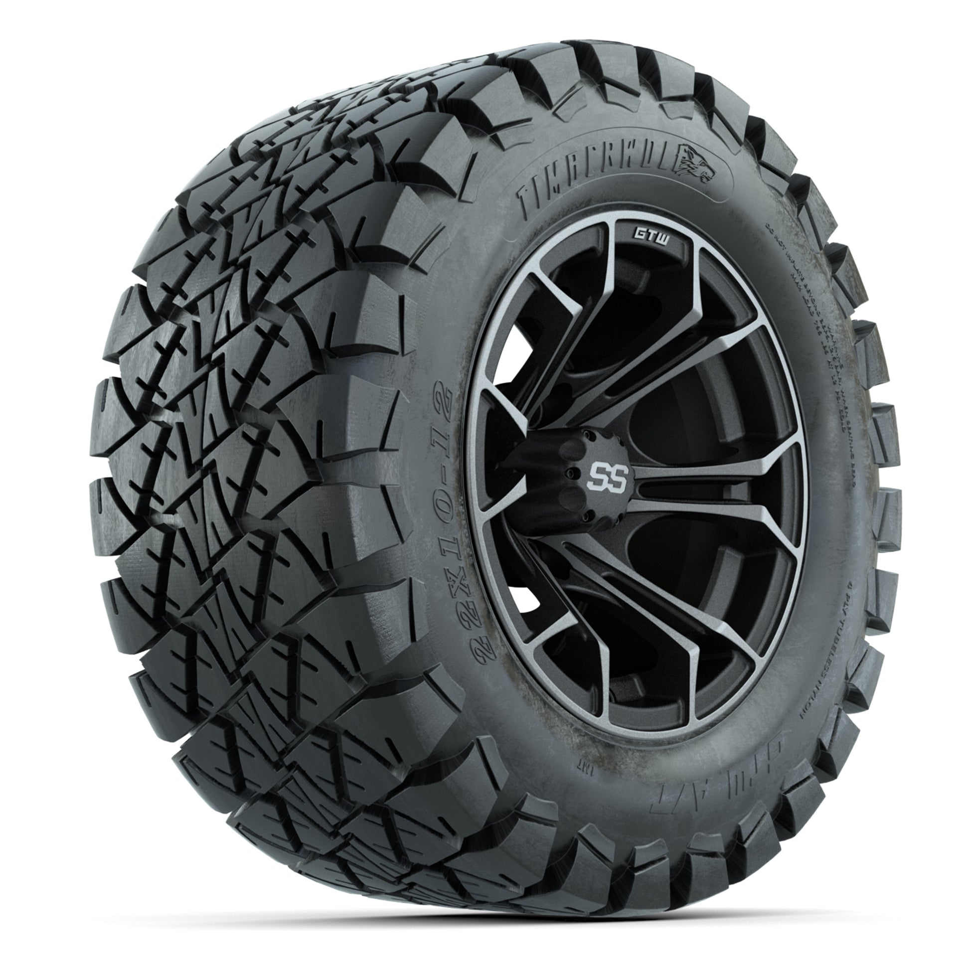 GTW® Spyder Matte Gray/Machined 12 in Wheels with 22X10-12 Timberwolf All-Terrain Tires – Full Set
