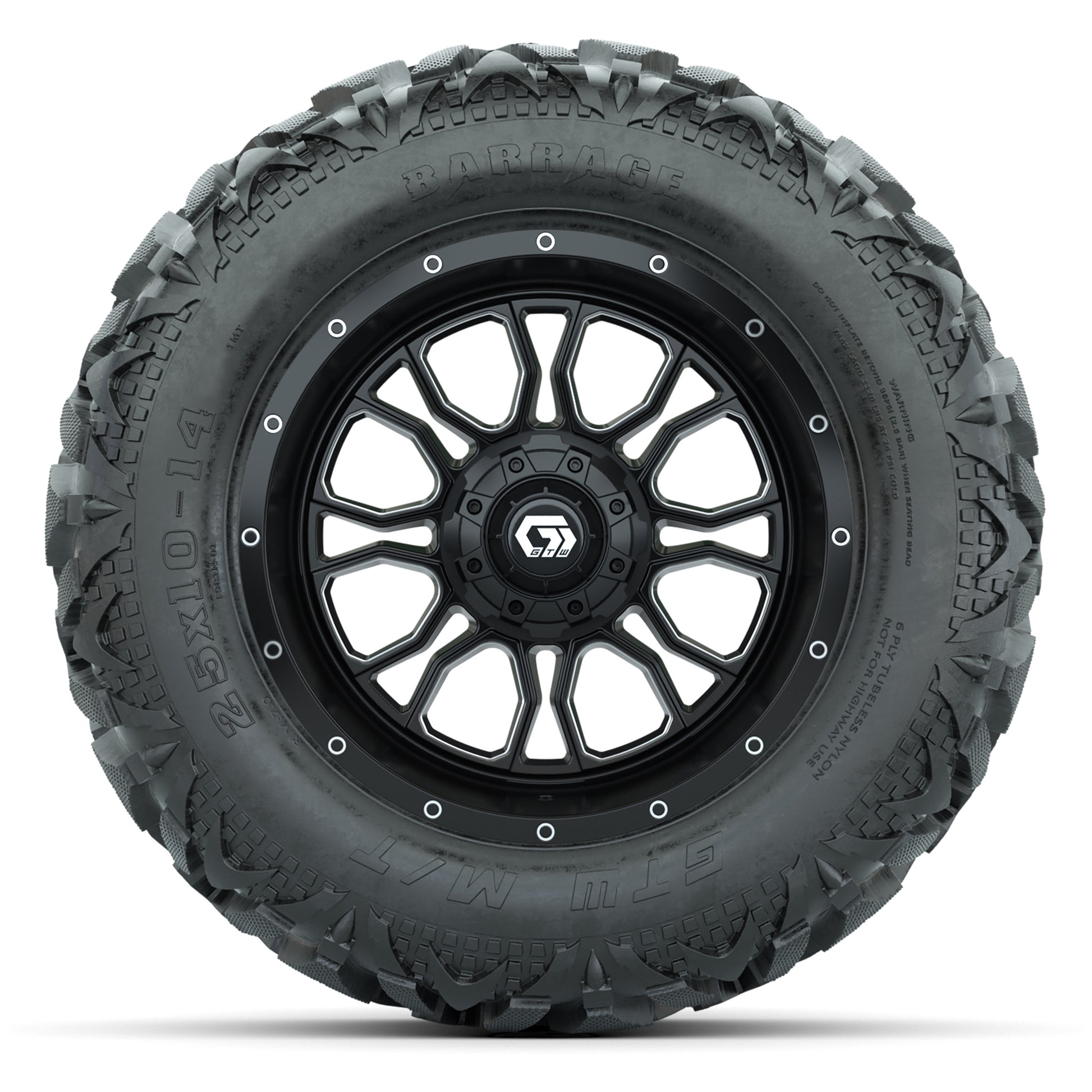 GTW Volt Black/Machined 14 in Wheels with 25x10-14 Barrage M - front view