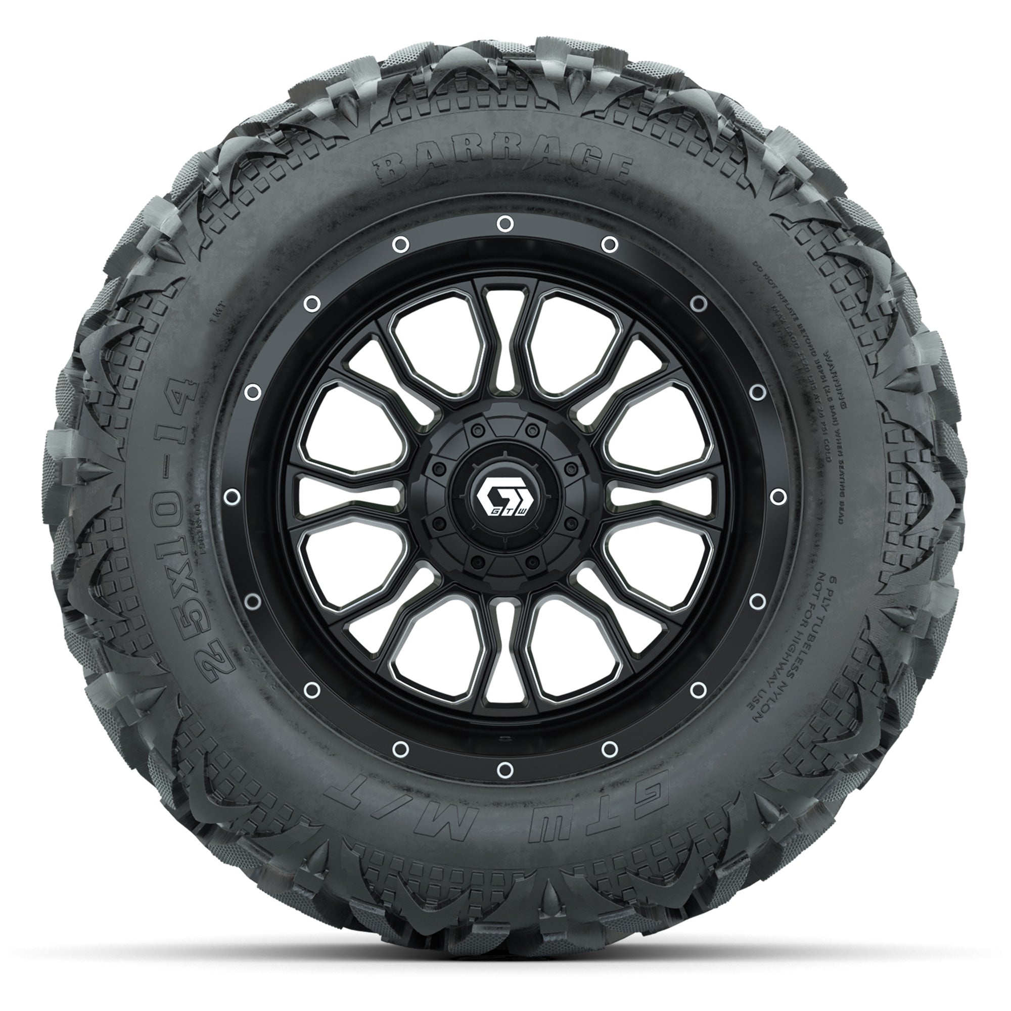 GTW Volt Black/Machined 14 in Wheels with 25x10-14 Barrage M - 3/4 view