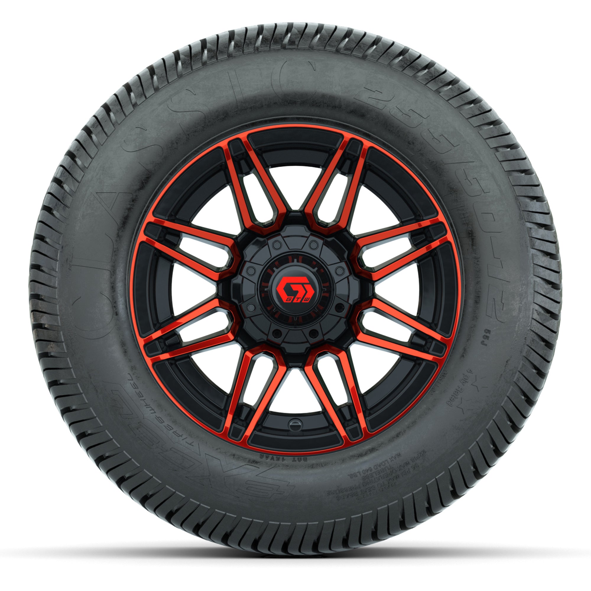GTW® Stealth Red/Machined 12 in Wheels with 255/50-12 Excel Classic Street Tires – Full Set