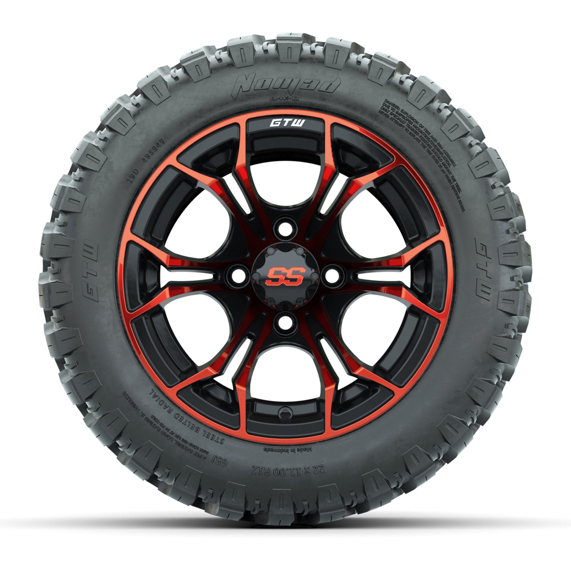 GTW® Spyder Black/Red 12 in Wheels with 22X11-R12 Nomad Steel Belt Radial All-Terrain Tires – Full Set