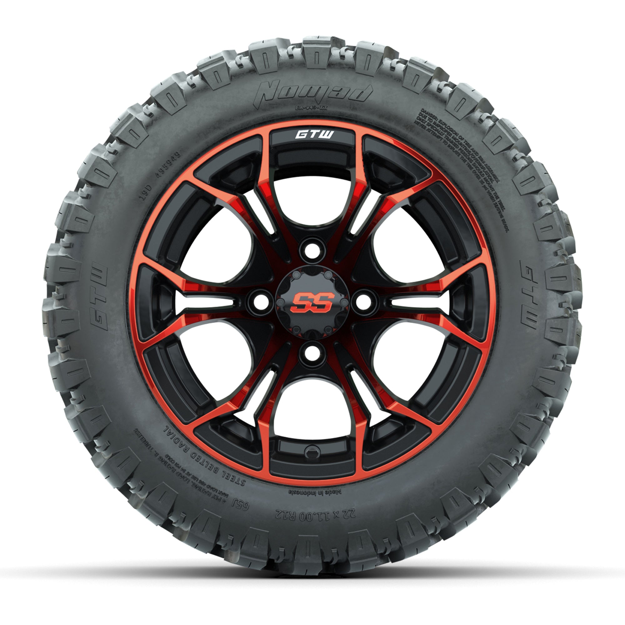 GTW® Spyder Black/Red 12 in Wheels with 22X11-R12 Nomad Steel Belt Radial All-Terrain Tires – Full Set