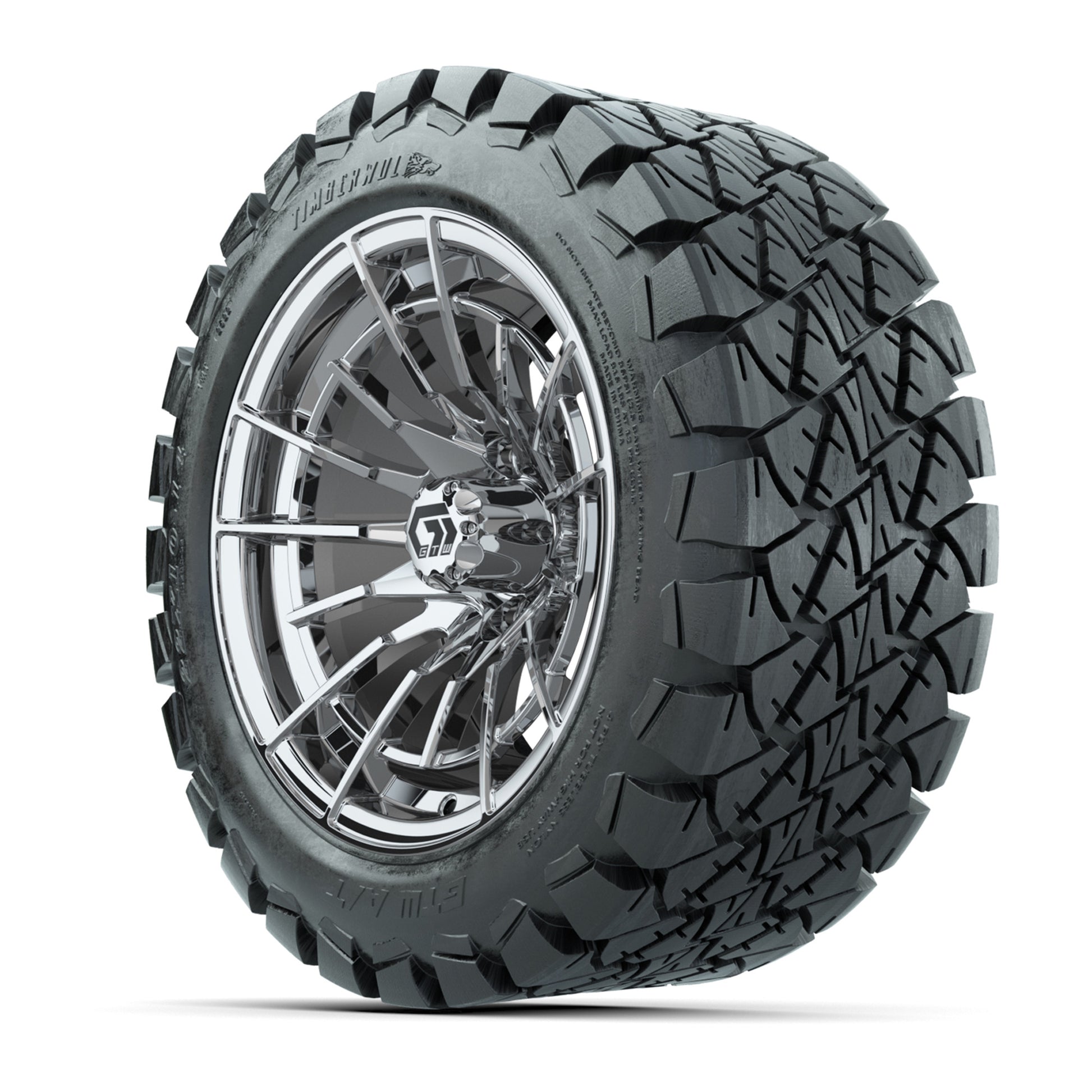 GTW® Boost Chrome 14 in Wheels with 22x10-14 Timberwolf All- - 3/4 view