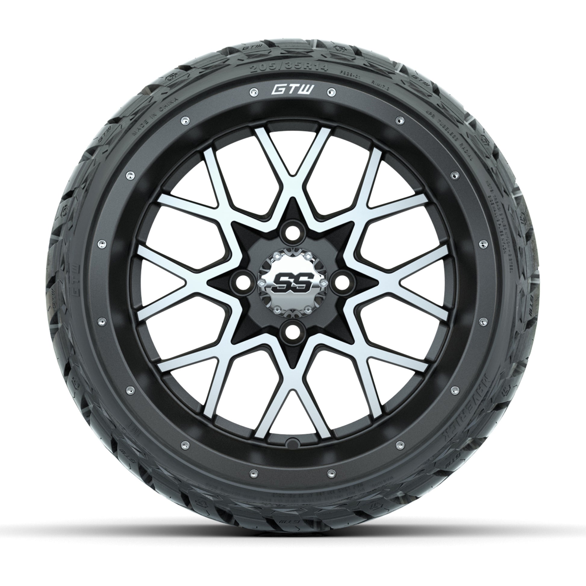 GTW® Vortex Matte Gray/Machined 14 in Wheels with 205/35-R14 - front view