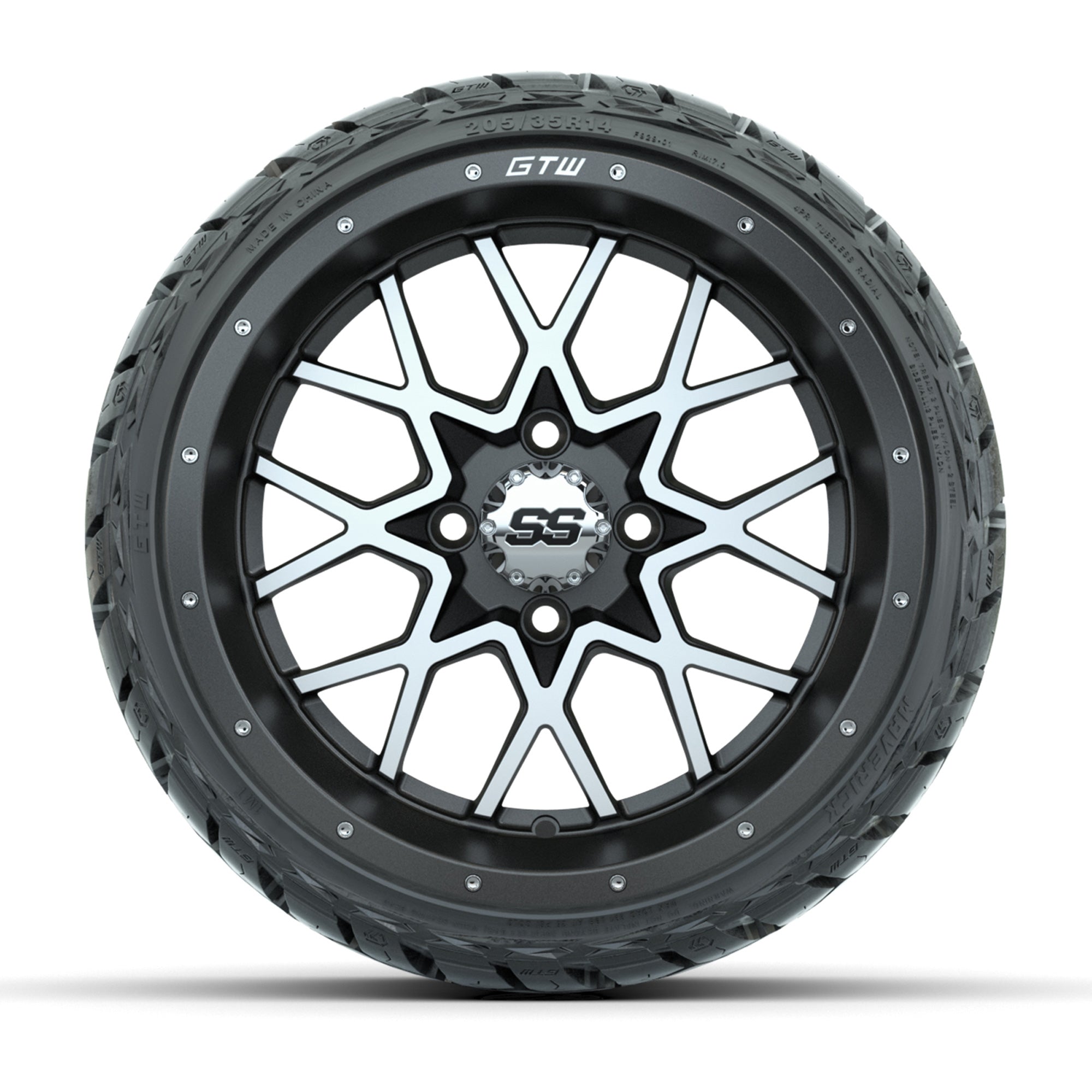 GTW® Vortex Matte Gray/Machined 14 in Wheels with 205/35-R14 - 3/4 view