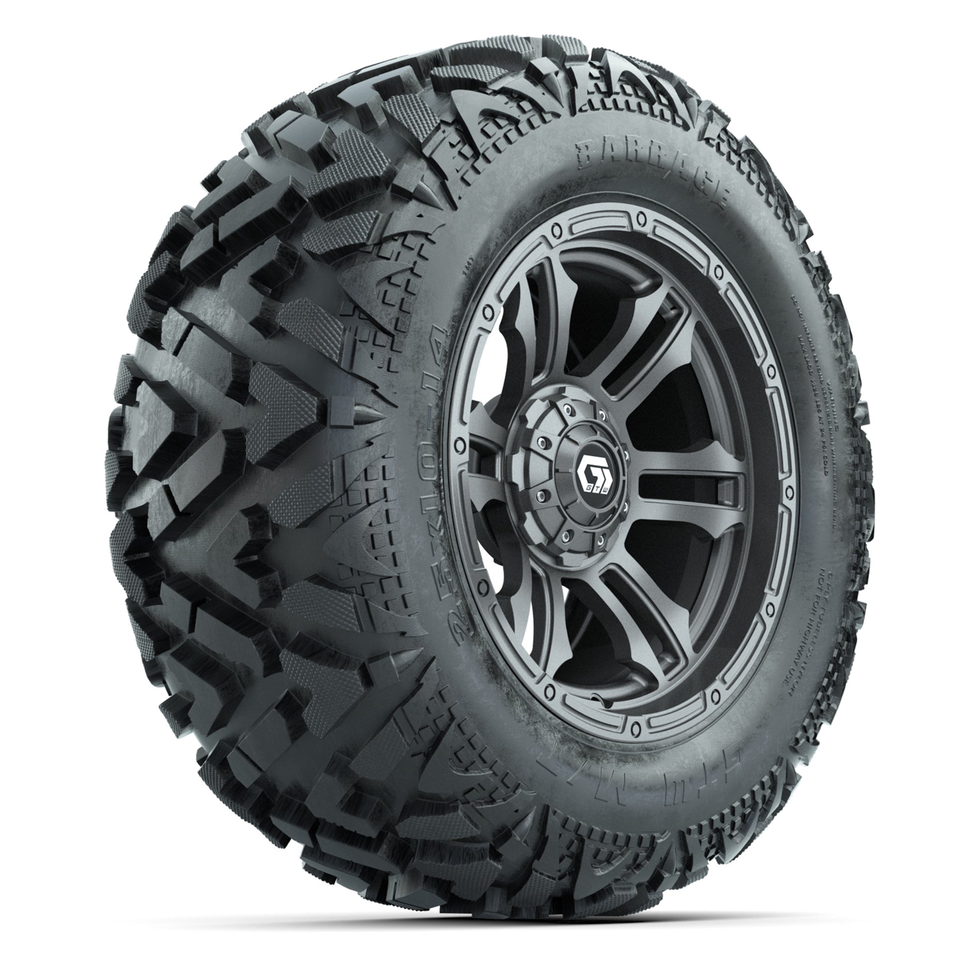 GTW Shogun Gunmetal 14 in Wheels with 25x10-14 Barrage Mud Tires – Full Set