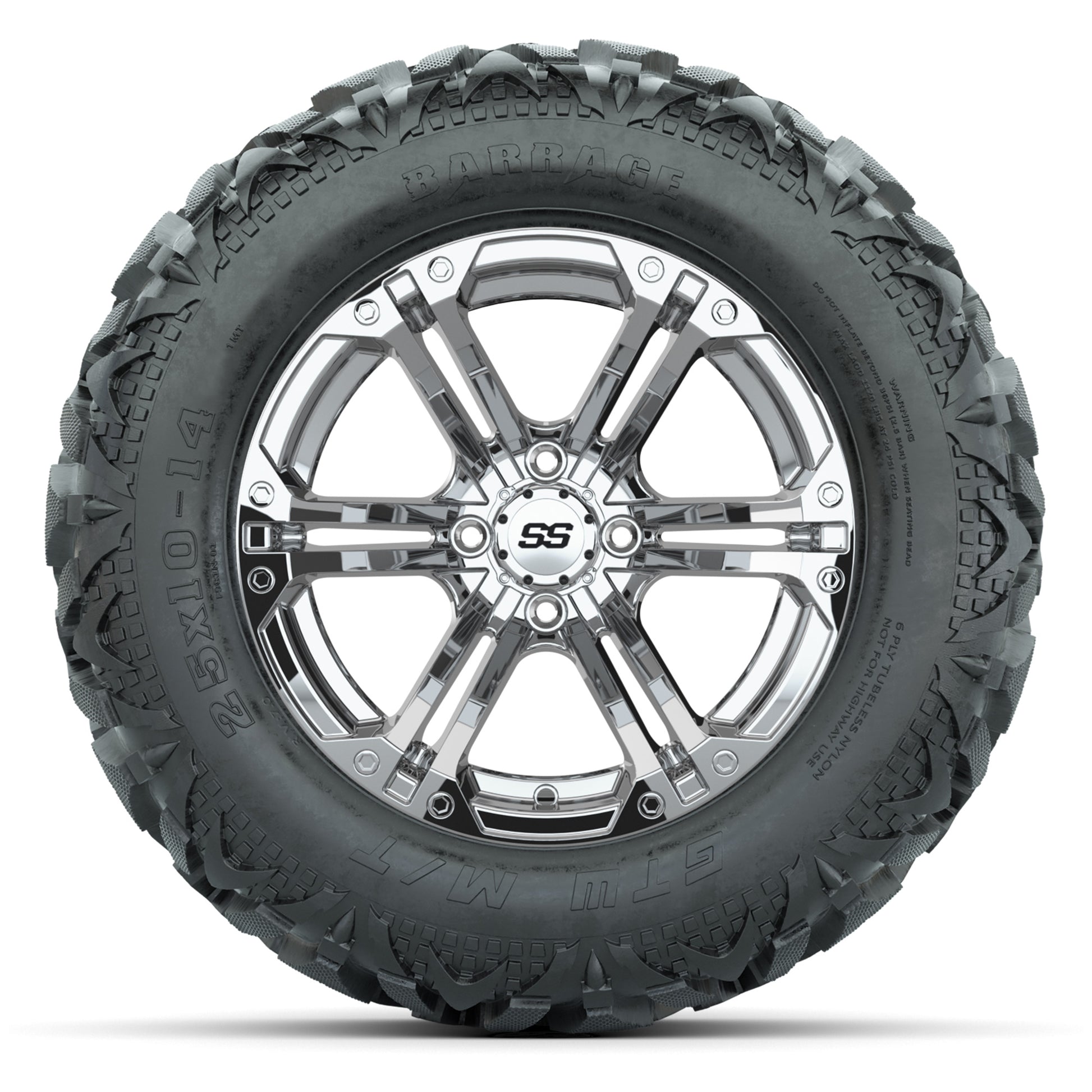 GTW Specter Chrome 14 in Wheels with 25x10-14 Barrage Mud Ti - front view