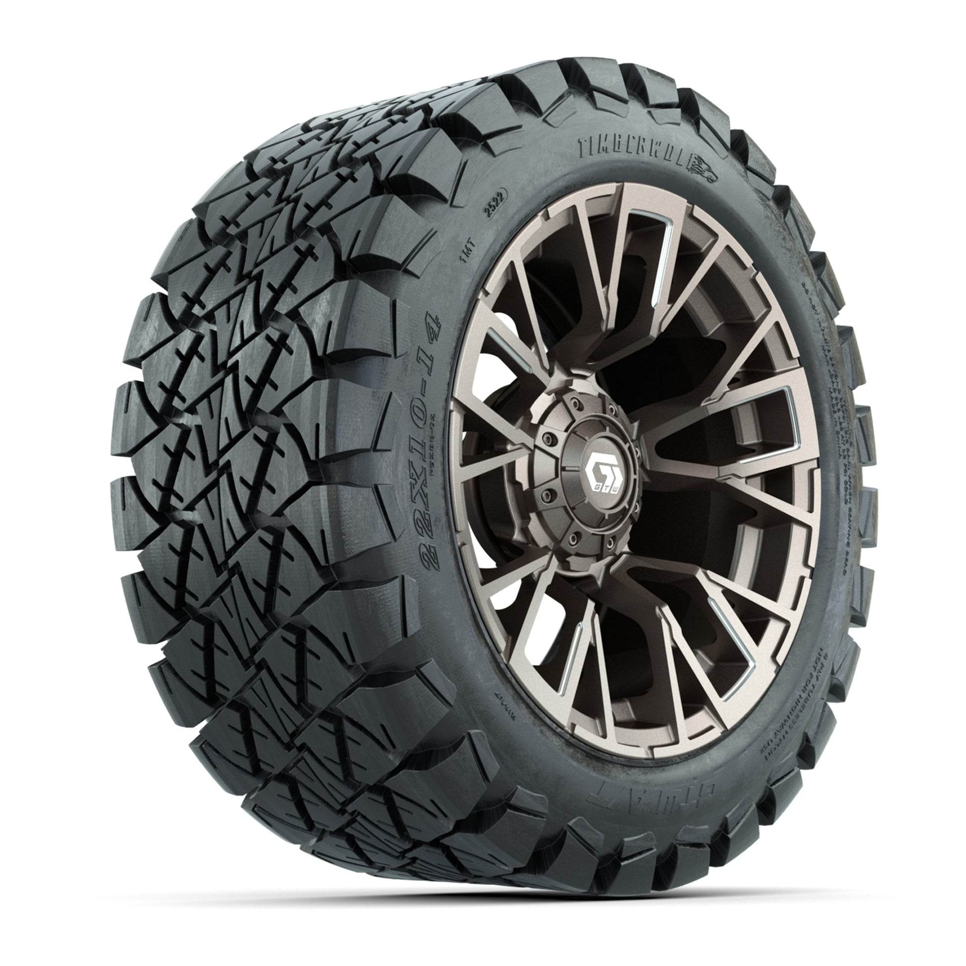 GTW® Vandal Satin Bronze/Machined 14 in Wheels with 22x10-14 Timberwolf All-Terrain Tires – Full Set