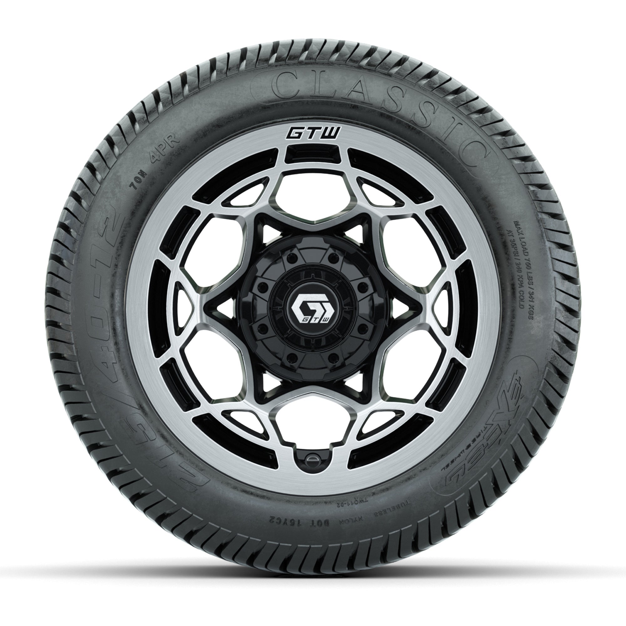 GTW® Nexus Black/Silver 12 in Wheels with 215/40-12 Excel Classic Street Tires – Full Set