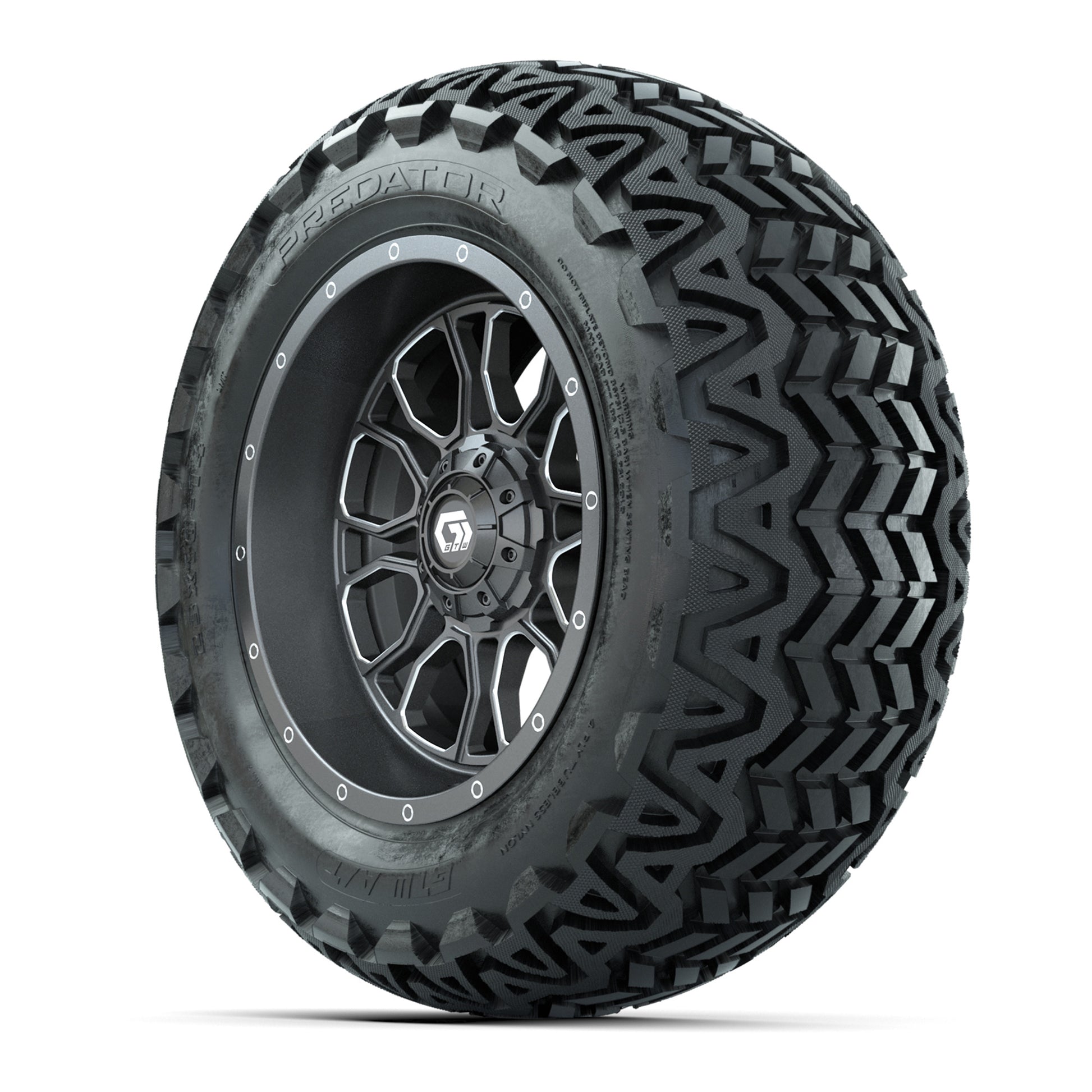 GTW Volt Gunmetal/Machined 14 in Wheels with 23x10-14 Predat - 3/4 view