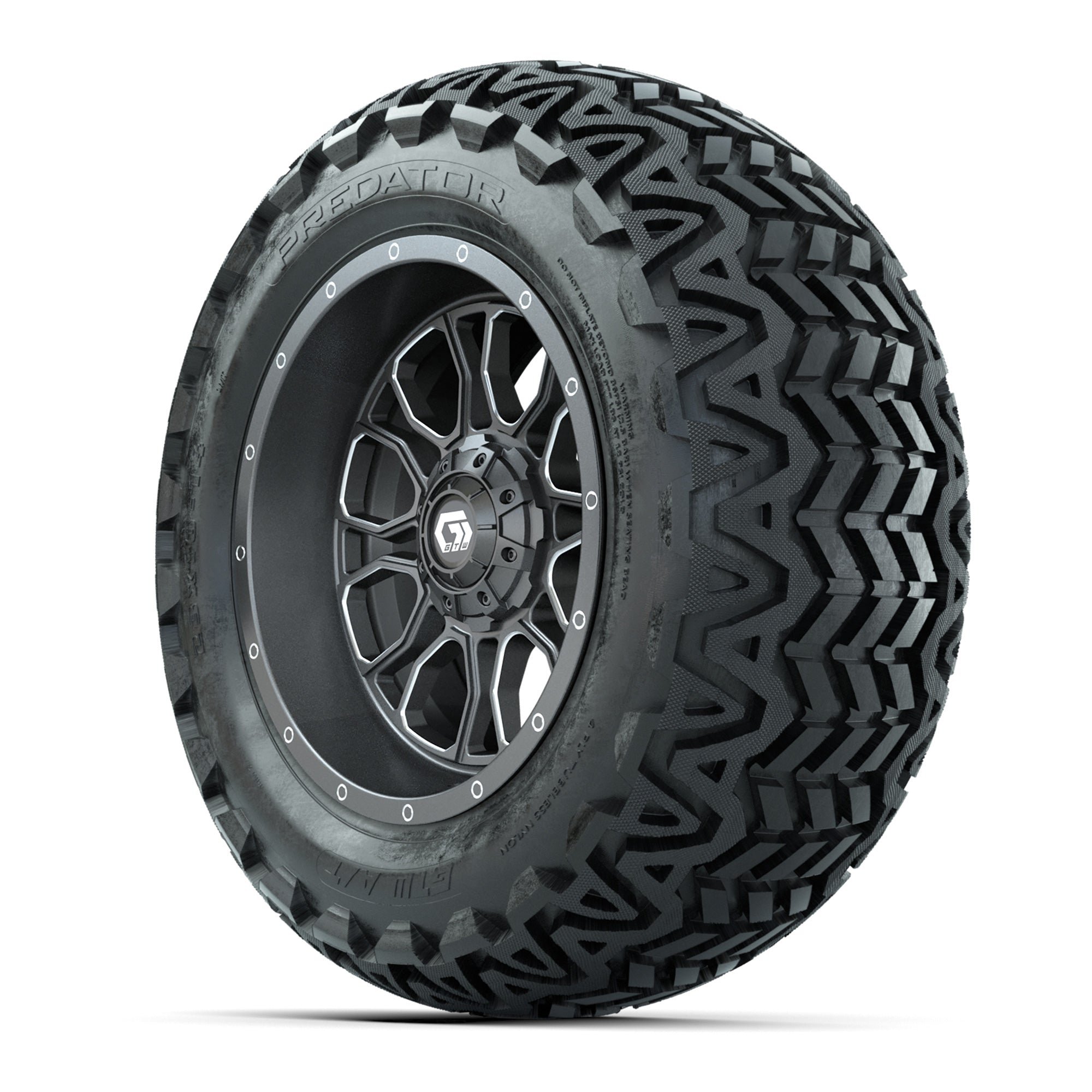 GTW Volt Gunmetal/Machined 14 in Wheels with 23x10-14 Predat - 3/4 view
