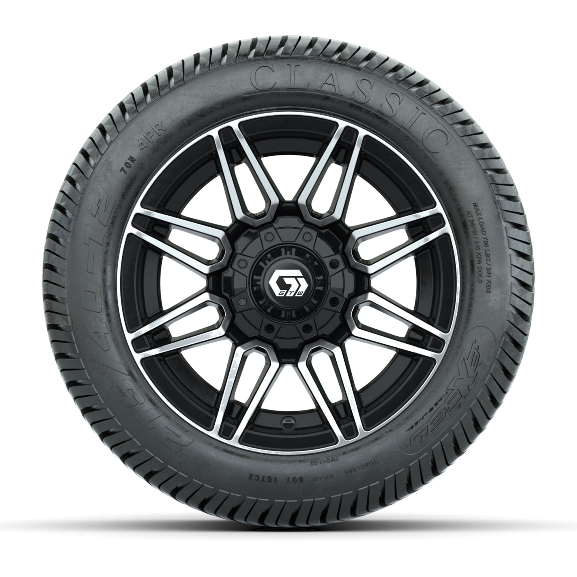 GTW® Stealth Black/Machined 12 in Wheels with 255/50-12 Excel Classic Street Tires – Full Set